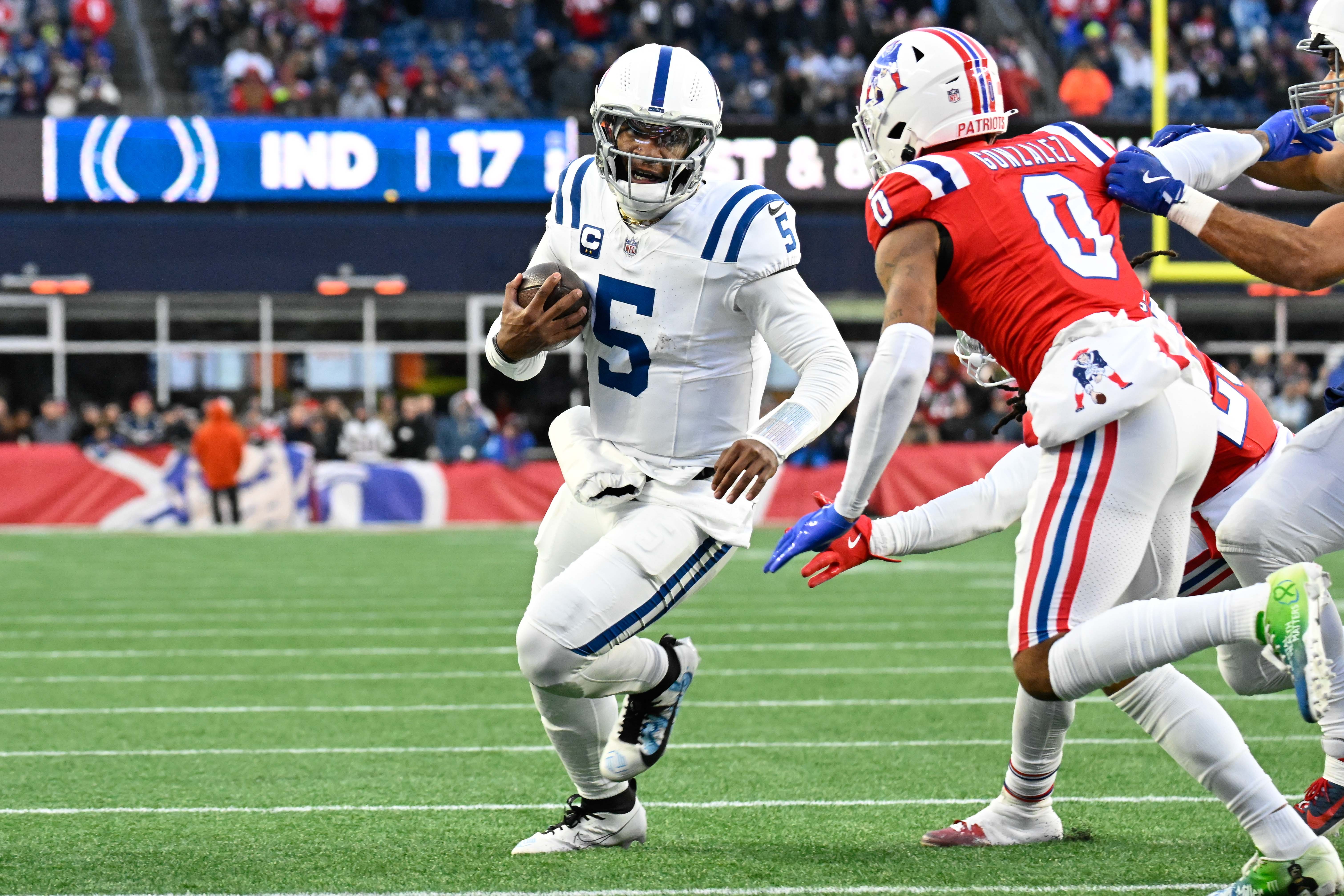 Dec 1, 2024; Foxborough, Massachusetts, USA; Indianapolis Colts quarterback Anthony Richardson (5) runs the ball against the New England Patriots during the second half at Gillette Stadium.
