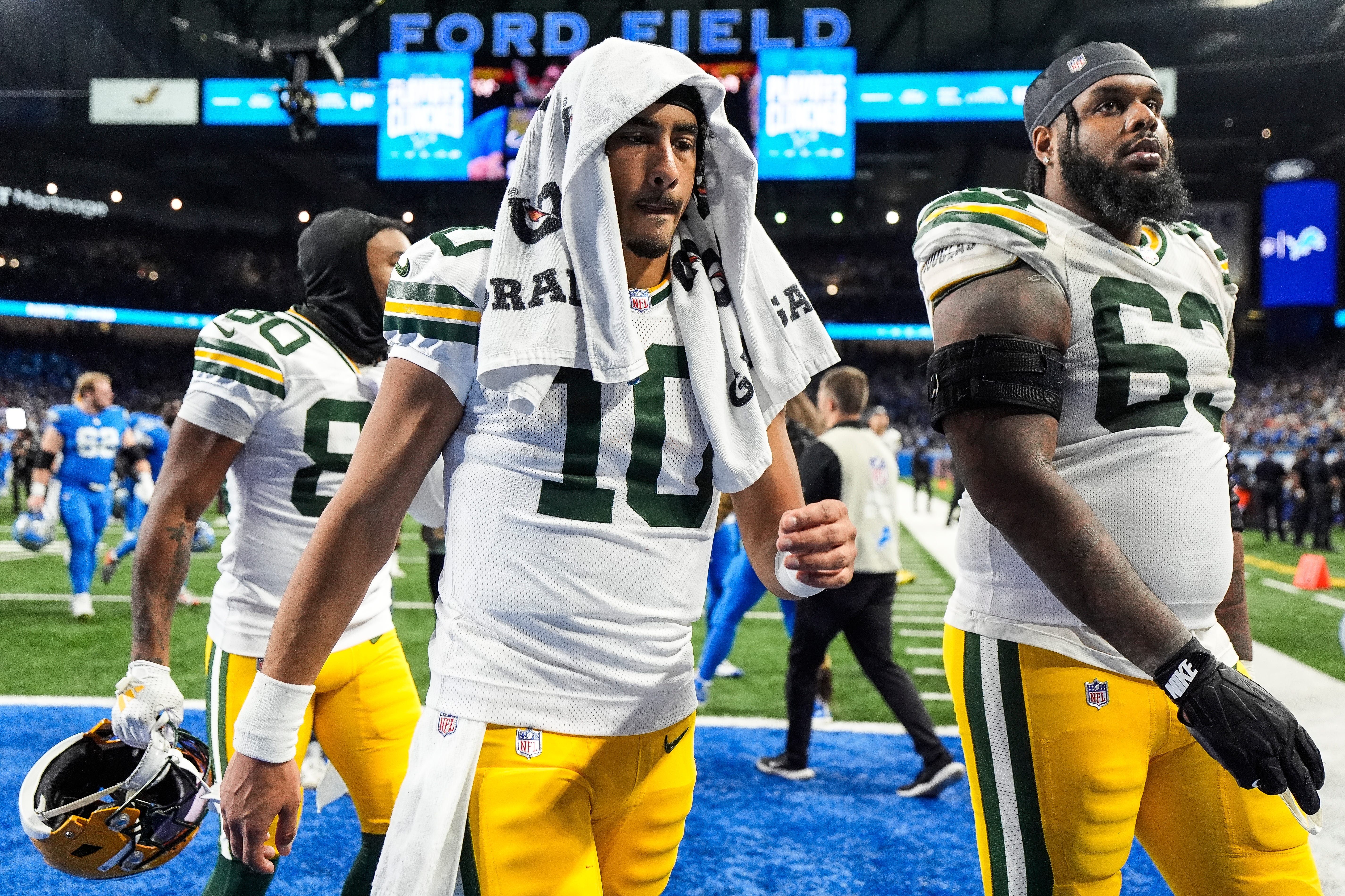 Green Bay Packers quarterback Jordan Love (10) walks off the field after 34-31 loss to Detroit Lions at Ford Field in Detroit on Thursday, Dec. 5, 2024.