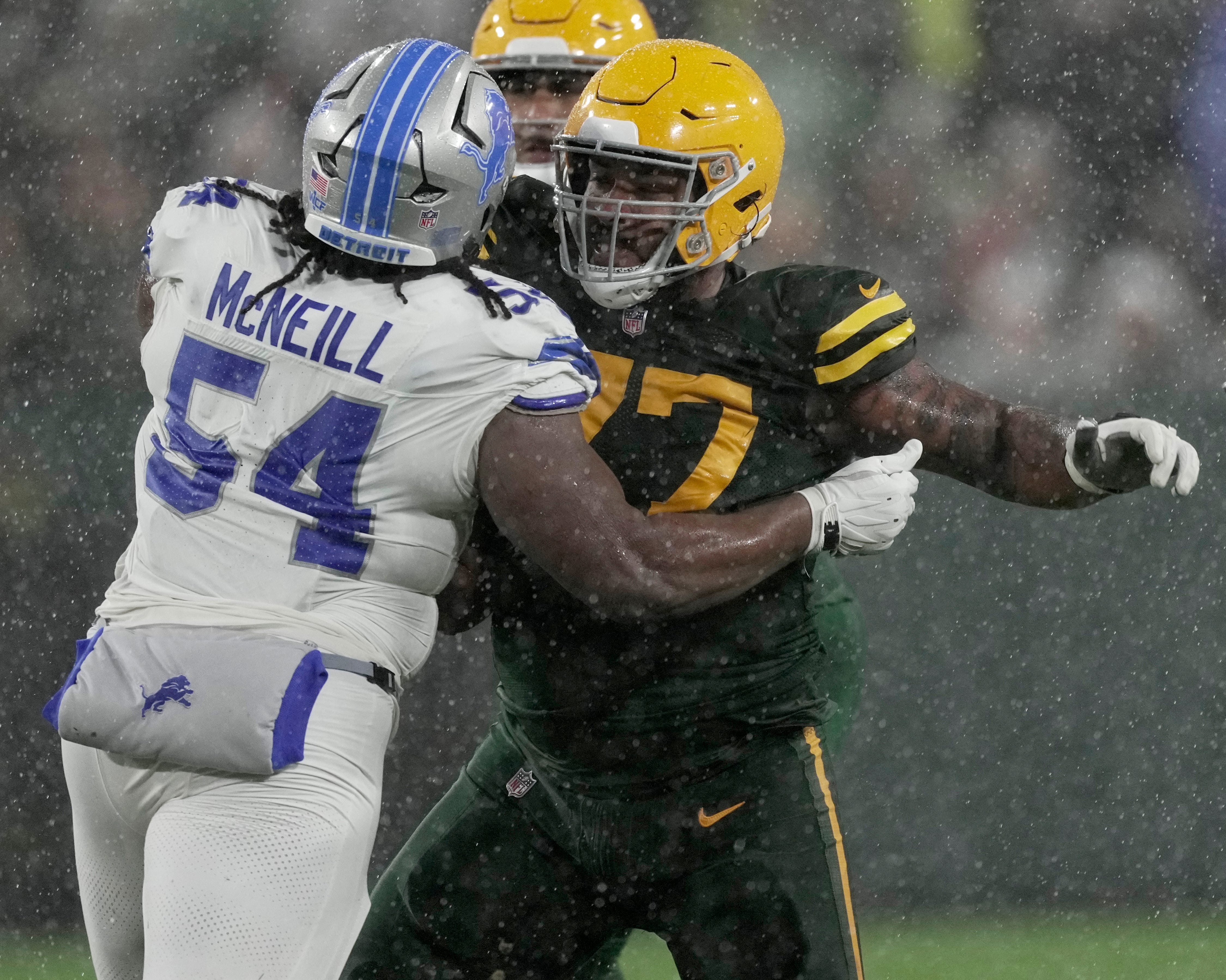Green Bay Packers offensive tackle Jordan Morgan (77) blocks Detroit Lions defensive tackle Alim McNeill (54) during the third quarter of their game Sunday, November 3, 2024 at Lambeau Field in Green Bay, Wisconsin. The Detroit Lions beat the Green Bay Packers 24-14.