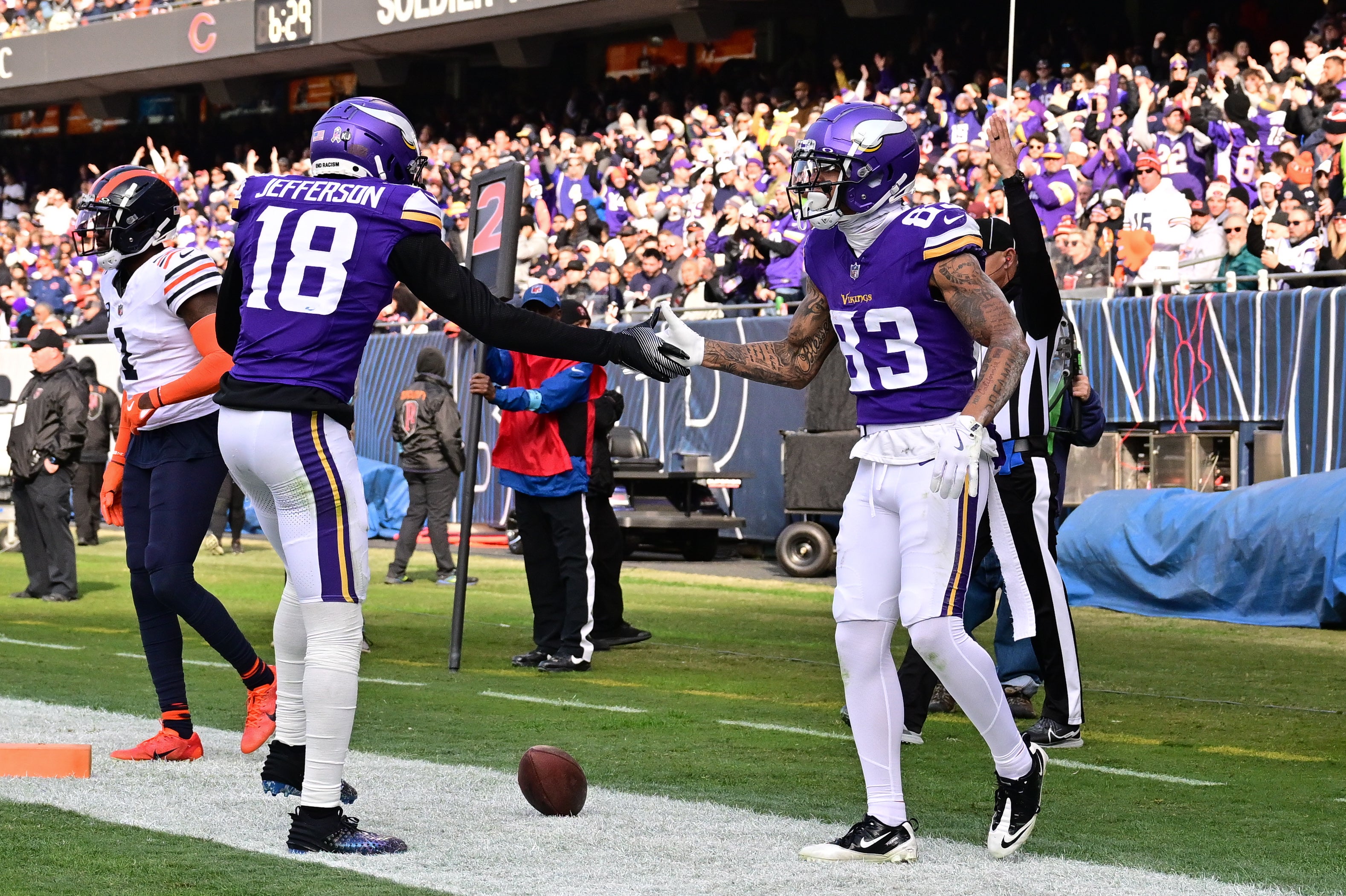 Vikings wide receiver Jalen Nailor (83) celebrates his receiving touchdown with wide receiver Justin Jefferson (18) against the Chicago Bears