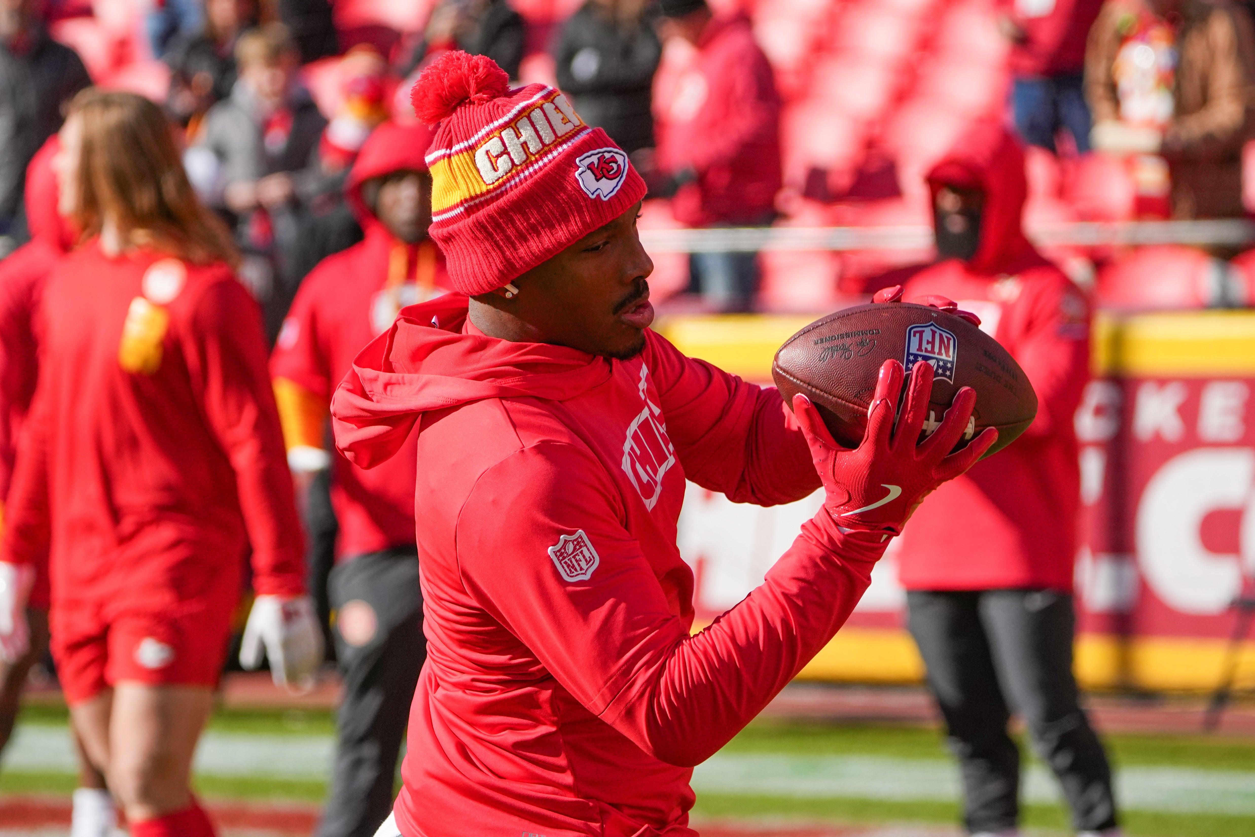 Nov 29, 2024; Kansas City, Missouri, USA; Kansas City Chiefs wide receiver Mecole Hardman (17) warms up against the Las Vegas Raiders prior to a game at GEHA Field at Arrowhead Stadium.