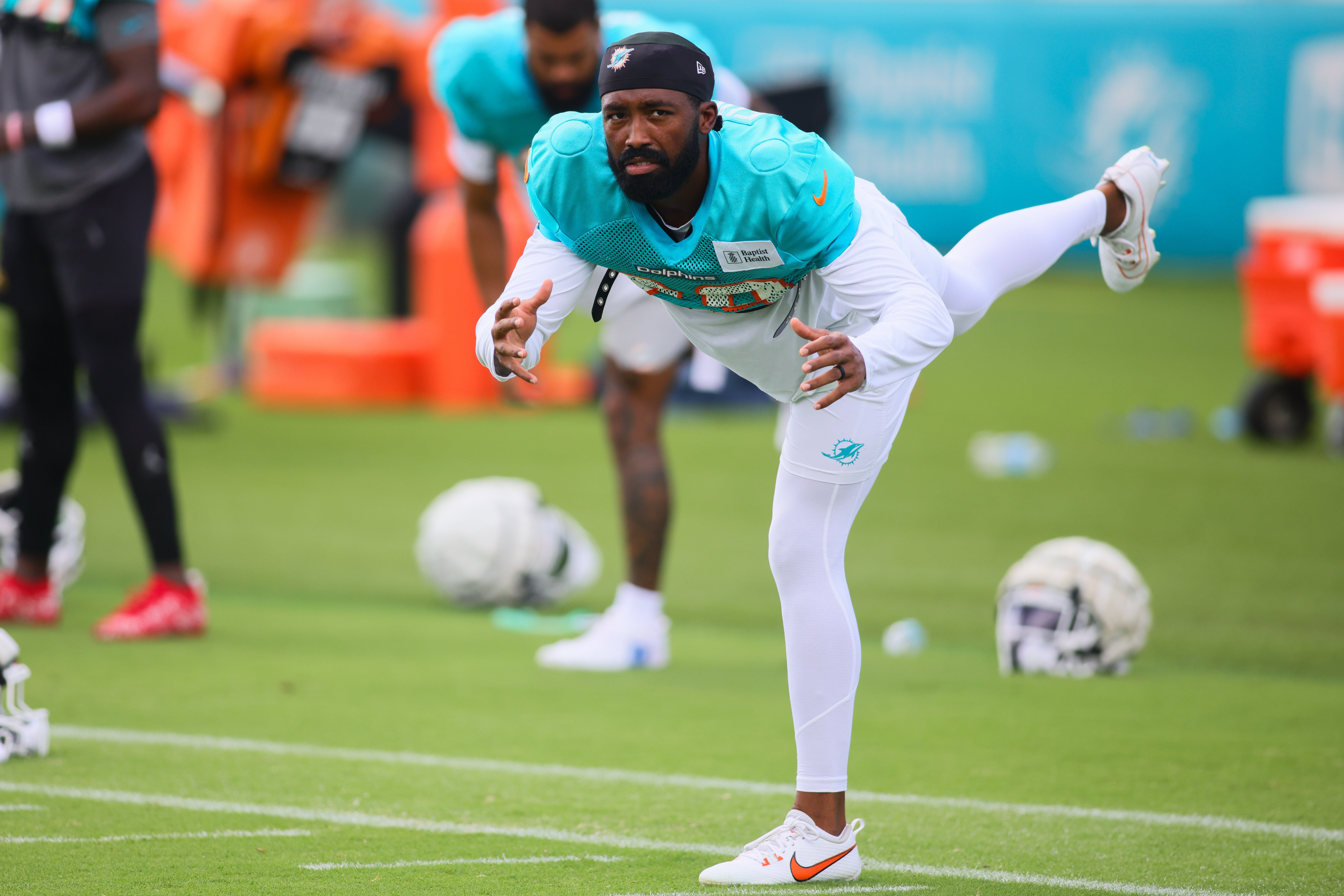 Aug 6, 2024; Miami Gardens, FL, USA; Miami Dolphins cornerback Kendall Fuller (29) works out during a joint practice with the Atlanta Falcons at Baptist Health Training Complex.