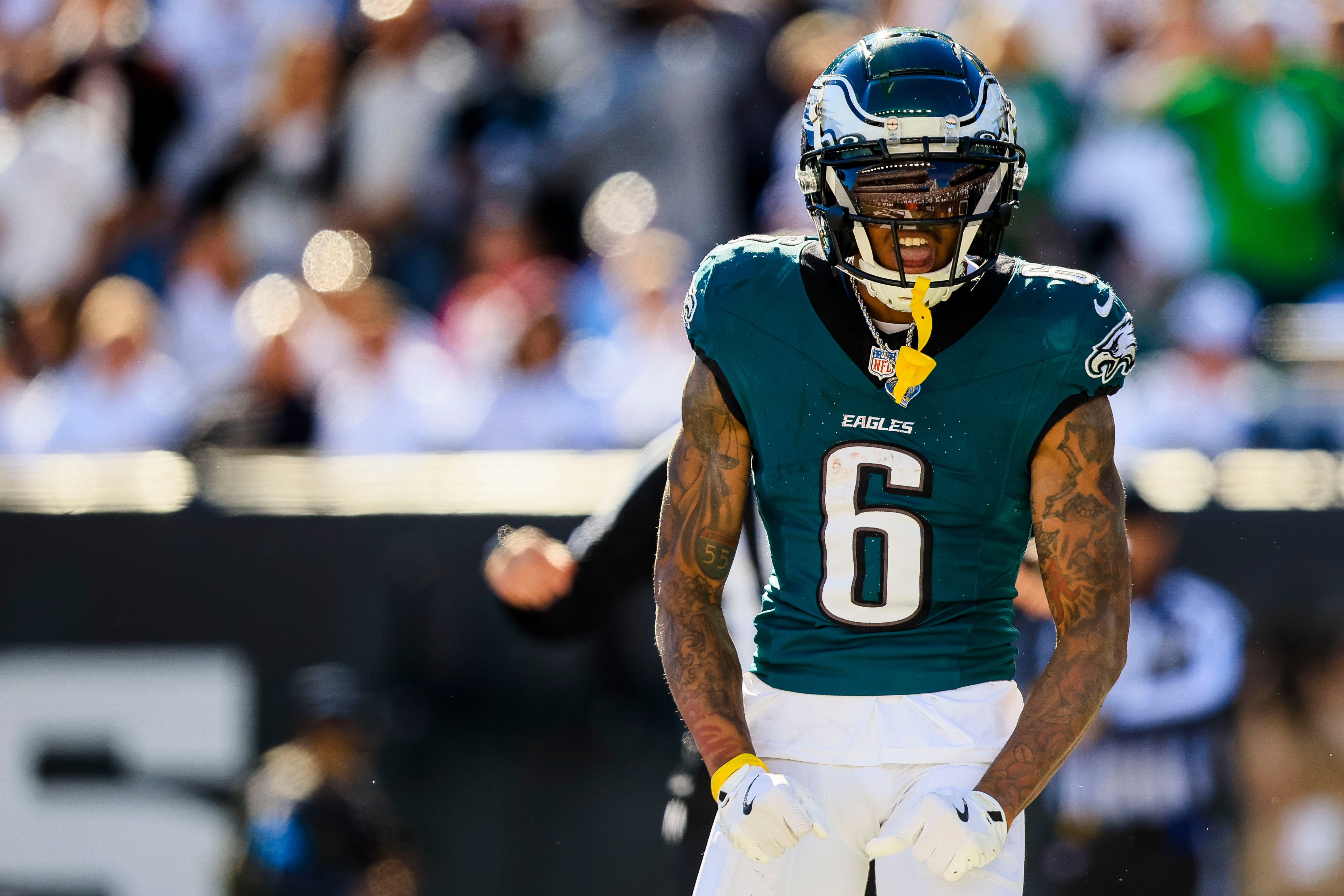 Philadelphia Eagles wide receiver DeVonta Smith (6) reacts after scoring a touchdown against the Cincinnati Bengals in the second half at Paycor Stadium.