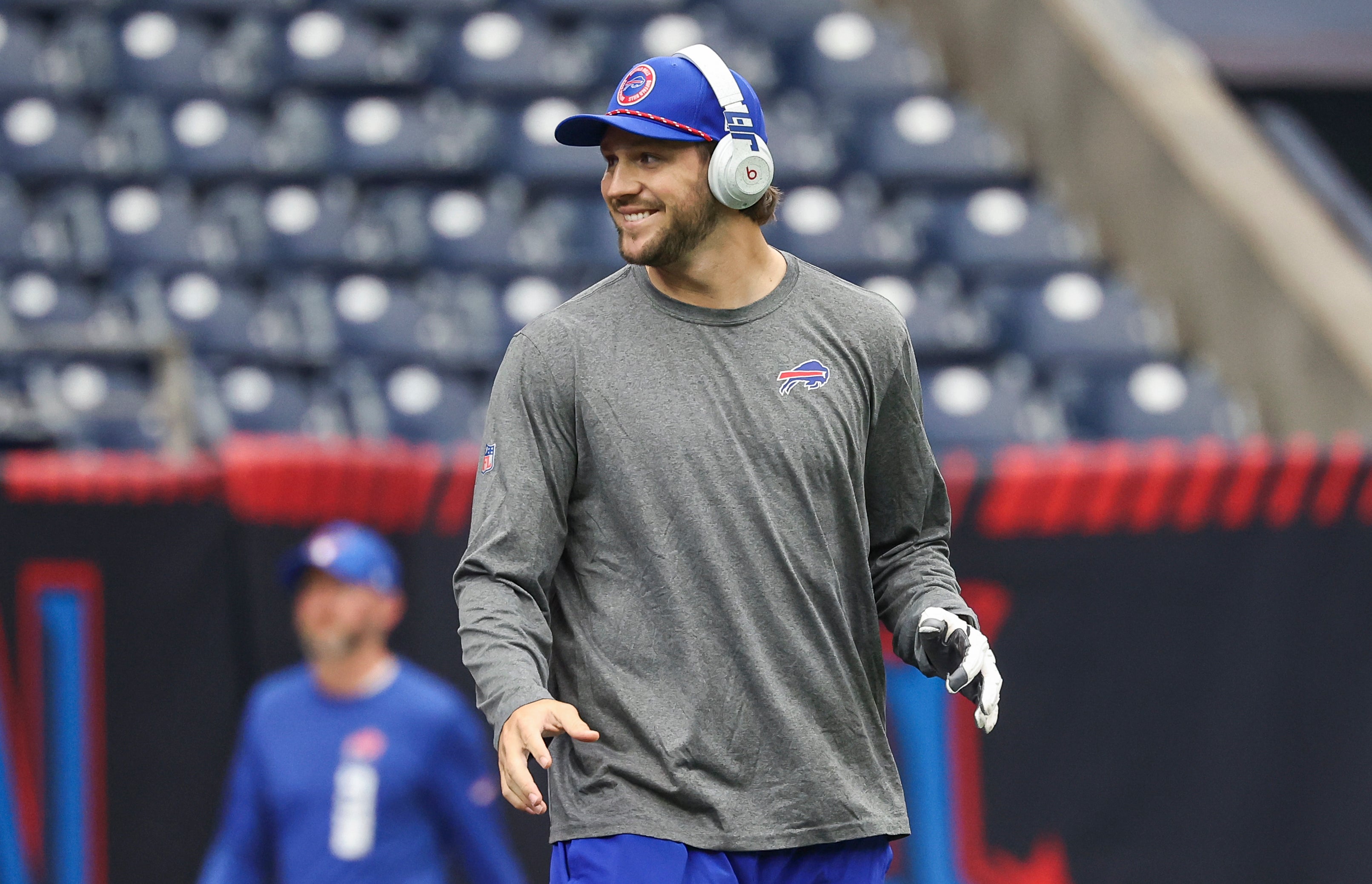 Oct 6, 2024; Houston, Texas, USA; Buffalo Bills quarterback Josh Allen (17) smiles on the field before the game against the Houston Texans at NRG Stadium.