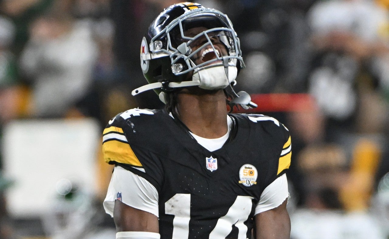 Oct 20, 2024; Pittsburgh, Pennsylvania, USA; Pittsburgh Steelers wide receiver George Pickens (14) celebrates a catch against the New York Jets during the third quarter at Acrisure Stadium.