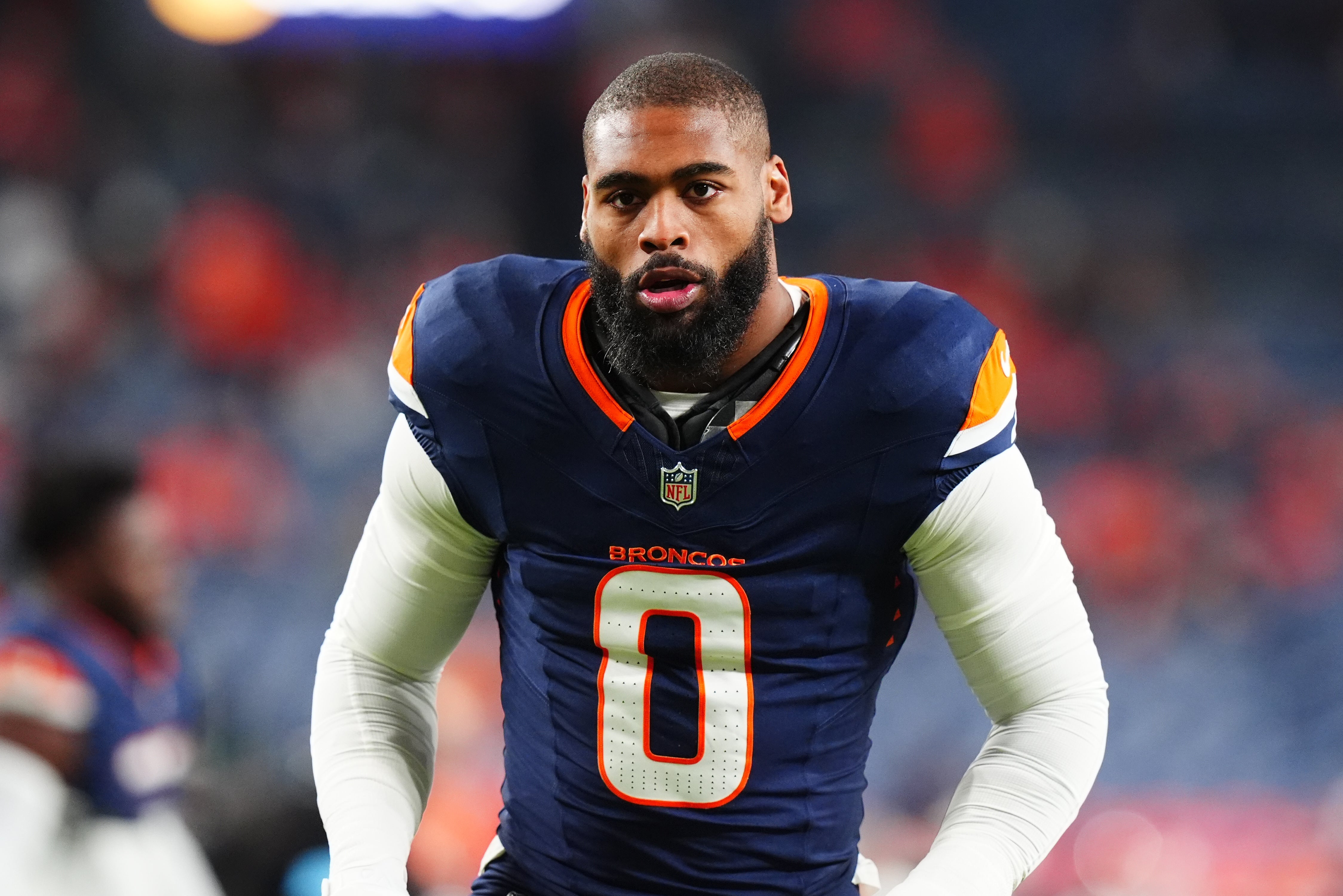 Dec 2, 2024; Denver, Colorado, USA; Denver Broncos linebacker Jonathon Cooper (0) before the game against the Cleveland Browns at Empower Field at Mile High.