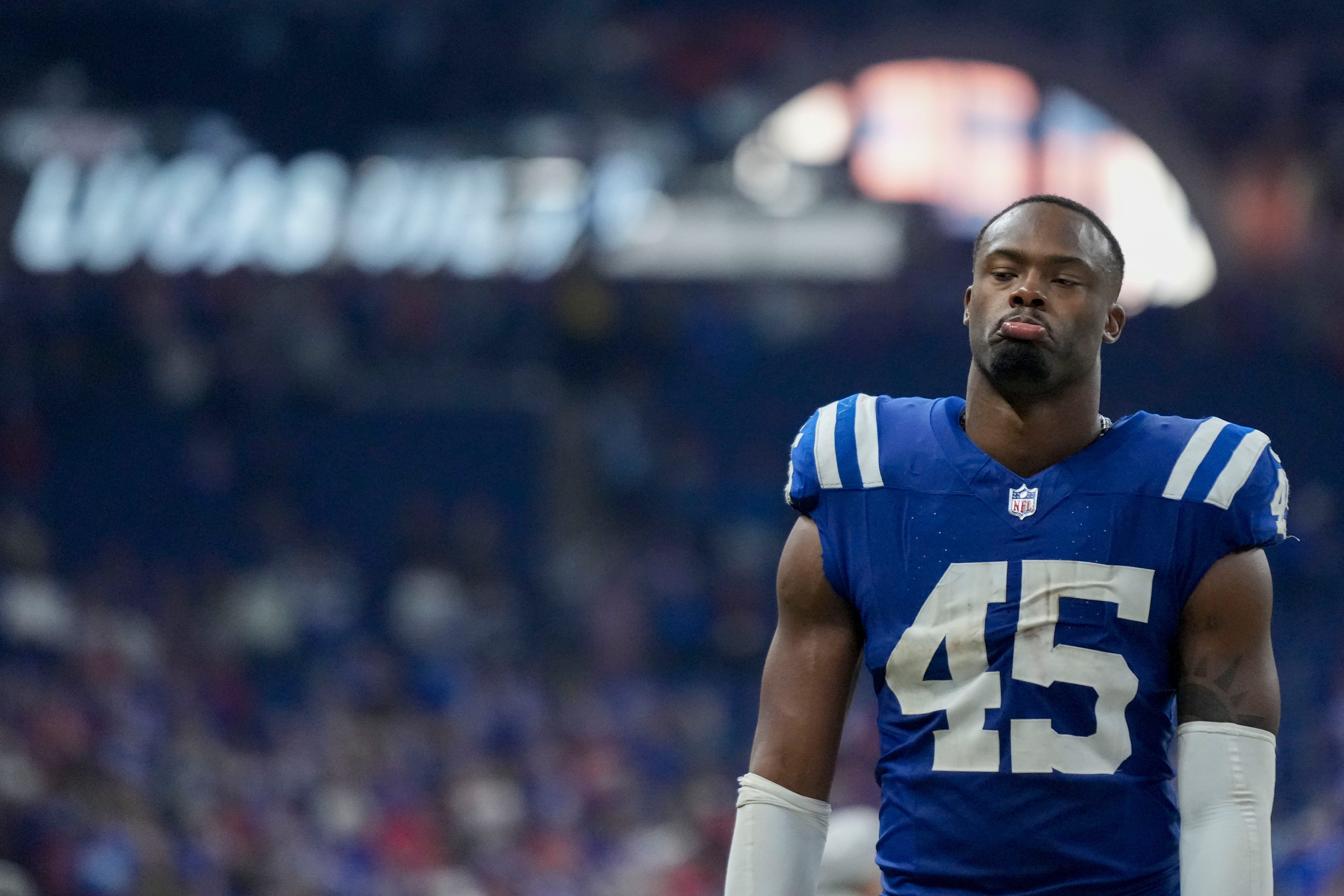 Indianapolis Colts linebacker E.J. Speed (45) walks off the field Sunday, Nov. 10, 2024, after losing 30-20 to the Buffalo Bills at Lucas Oil Stadium in Indianapolis.