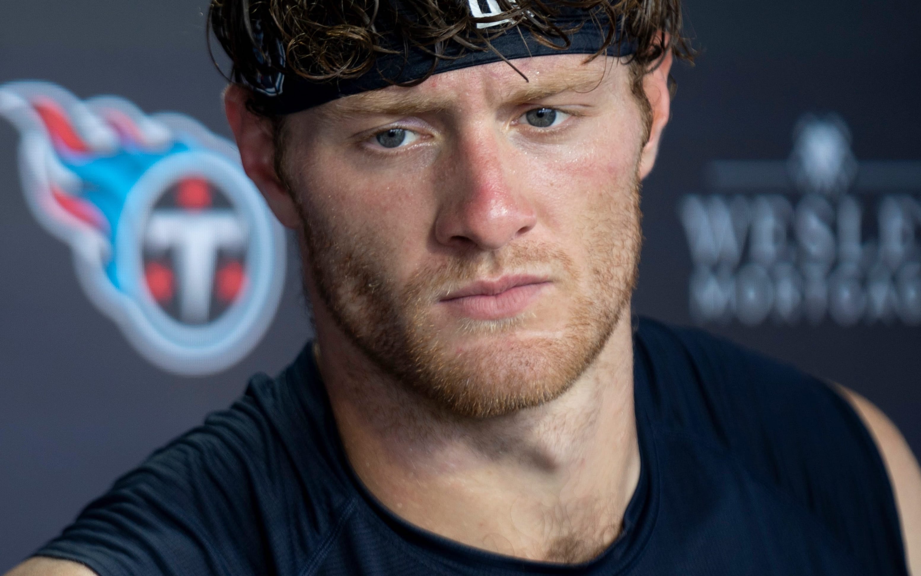 Tennessee Titans quarterback Will Levis (8) fields questions from the media during training camp at Ascension Saint Thomas Sports Park Wednesday, Aug. 7, 2024 Denny Simmons / The Tennessean-USA TODAY NETWORK