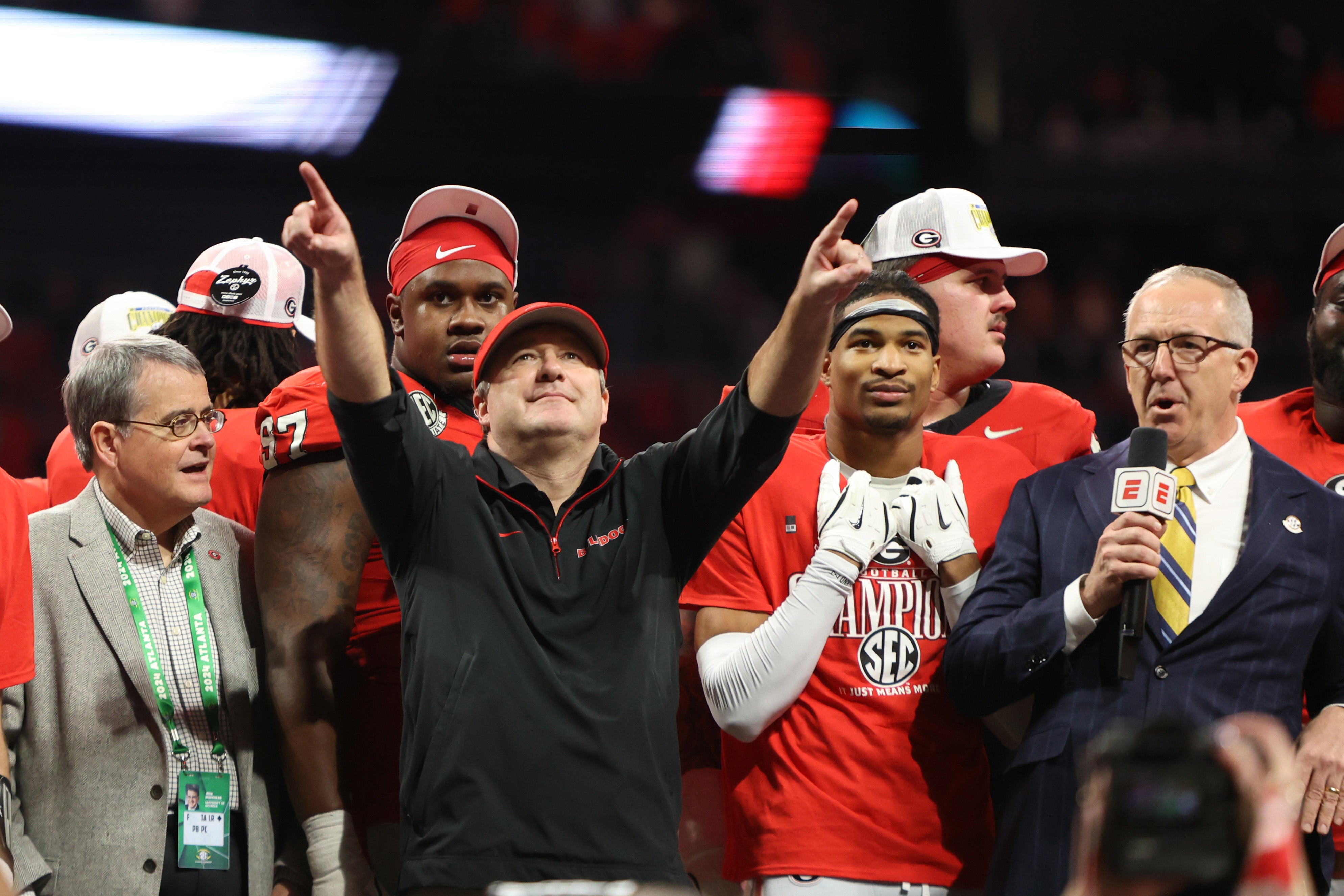 Dec 7, 2024; Atlanta, GA, USA; Georgia Bulldogs head coach Kirby Smart reacts after defeating the Texas Longhorns in overtime in the 2024 SEC Championship game at Mercedes-Benz Stadium.
