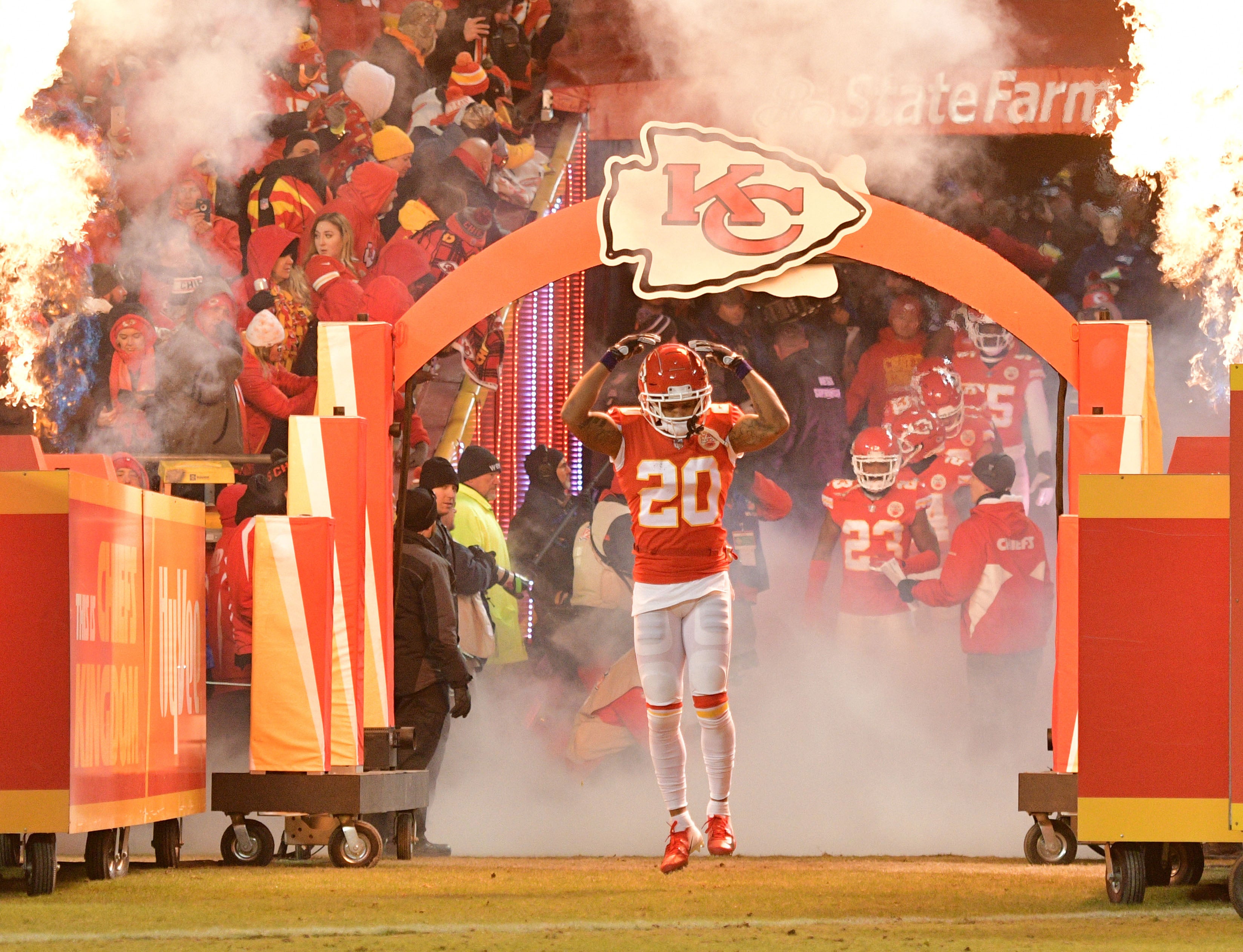 Jan 20, 2019; Kansas City, MO, USA; Kansas City Chiefs cornerback Steven Nelson (20) runs on field during player introductions in the AFC Championship game against the New England Patriots at Arrowhead Stadium.