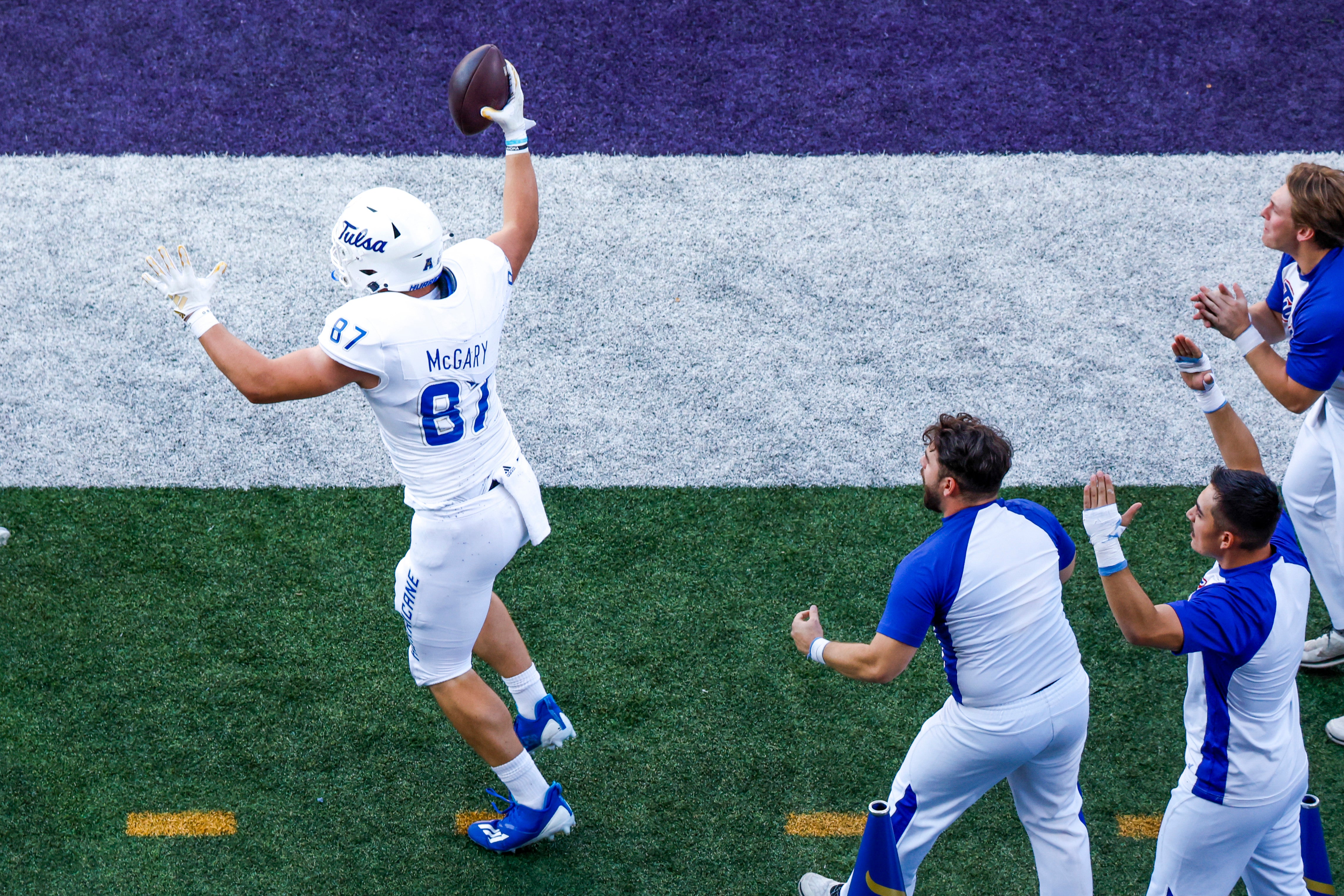 Sep 9, 2023; Seattle, Washington, USA; Tulsa Golden Hurricane tight end Luke Mcgary (87) celebrates after catching a touchdown pass against the Washington Huskies during the fourth quarter at Alaska Airlines Field at Husky Stadium.