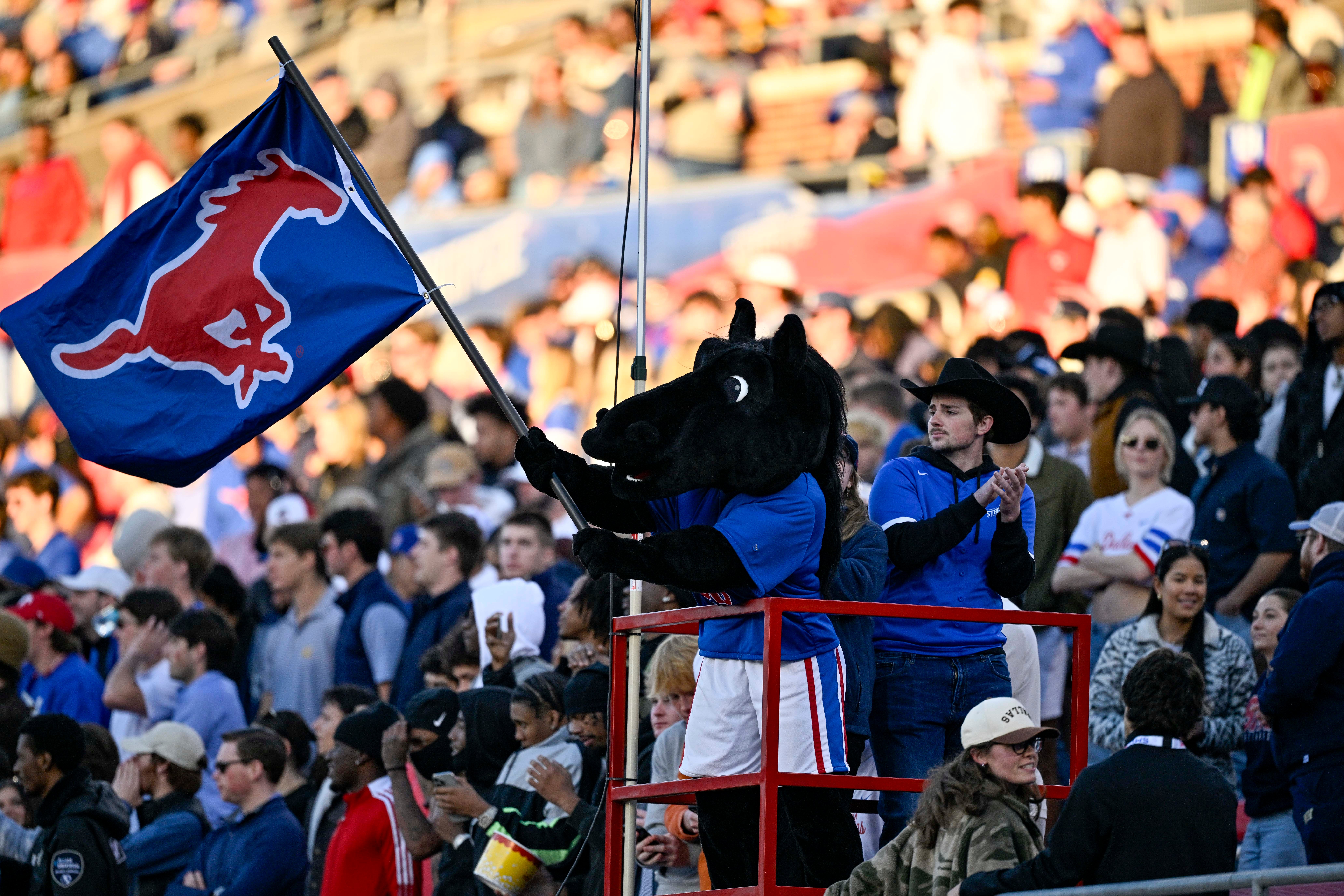 Nov 30, 2024; Dallas, Texas, USA; A view of the SMU mascot during the game between the Southern Methodist Mustangs and the California Golden Bears at Gerald J. Ford Stadium.