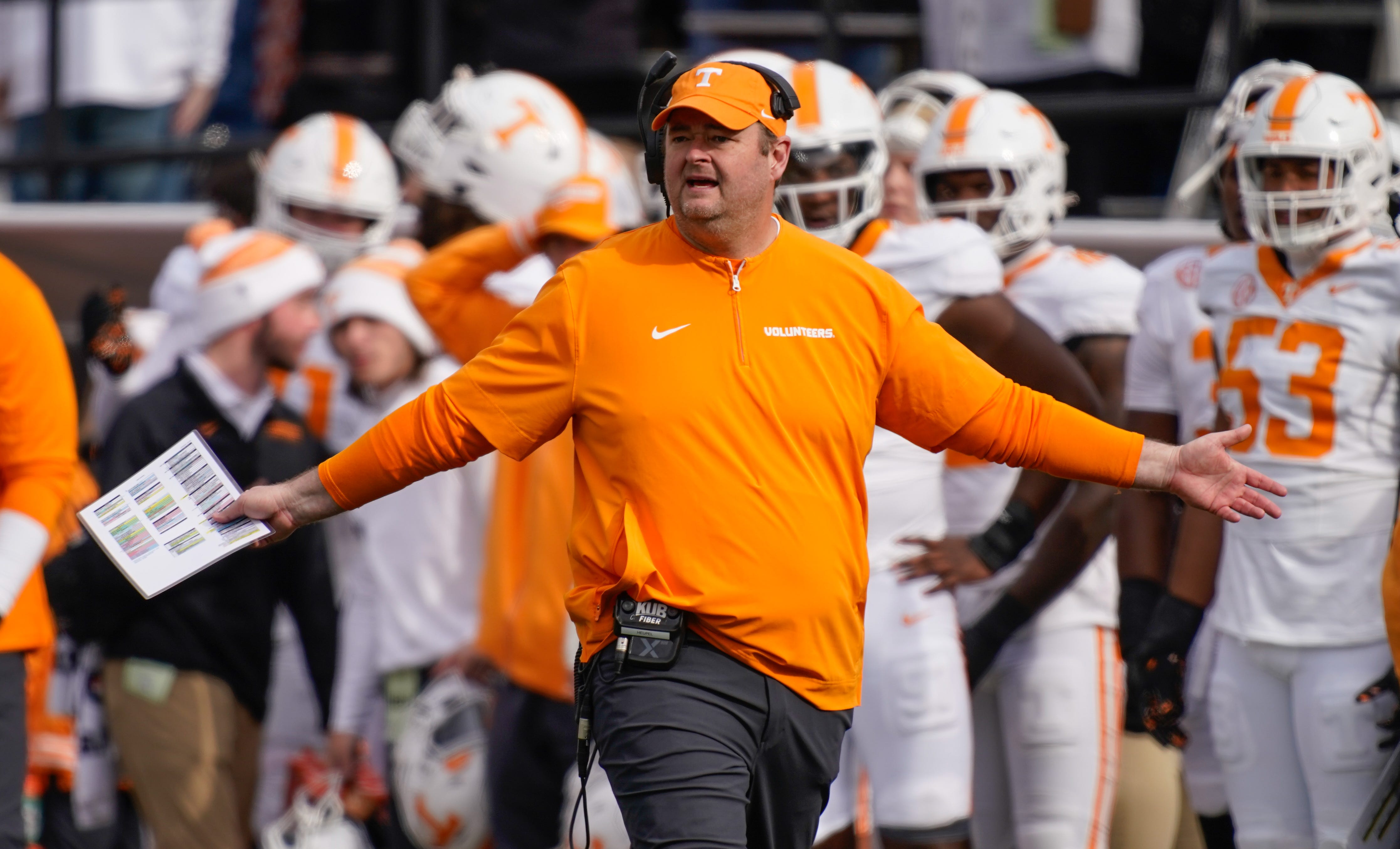 Tennessee head coach Josh Heupel disputes a call during the second quarter at FirstBank Stadium in Nashville, Tenn., Saturday, Nov. 30, 2024.