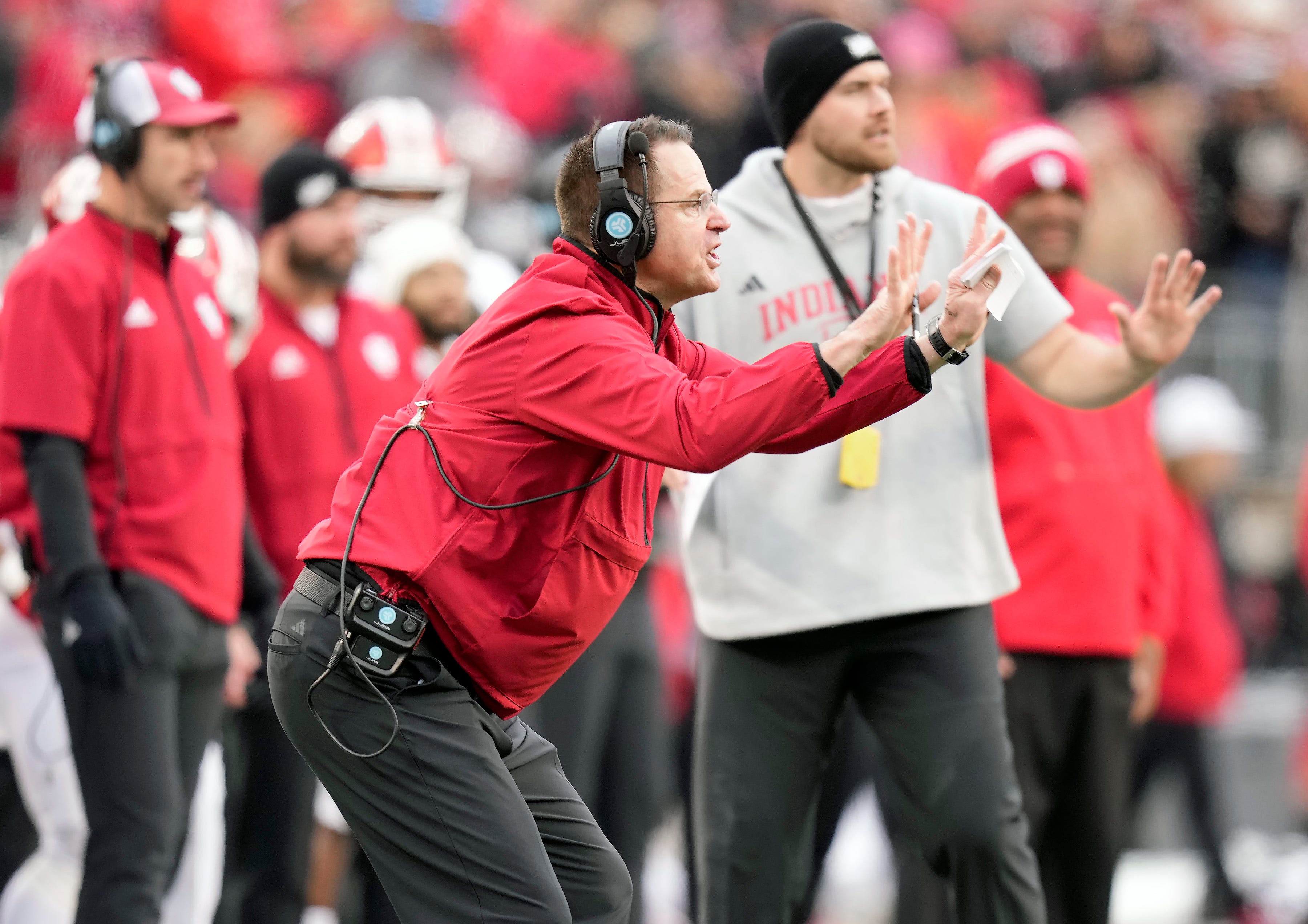 Indiana Hoosiers head coach Curt Cignetti coaches his team against Ohio State Buckeyes in the third quarter during the football game in Columbus on Saturday, Nov. 23, 2024.