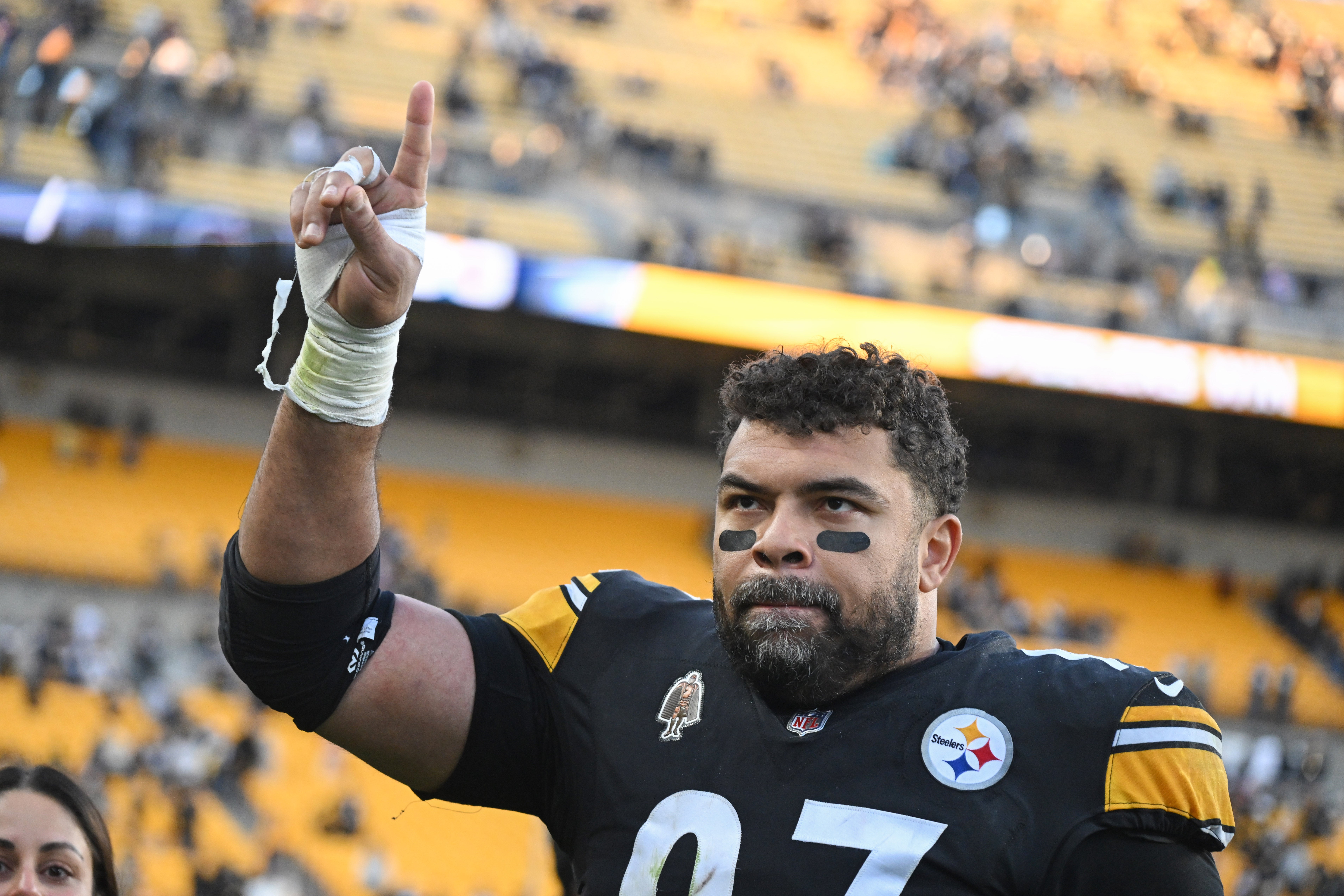 Dec 8, 2024; Pittsburgh, Pennsylvania, USA; Pittsburgh Steelers defensive tackle Cameron Heyward (97) celebrates with fans following a game against the Cleveland Browns at Acrisure Stadium. Mandatory Credit: Barry Reeger-Imagn Images