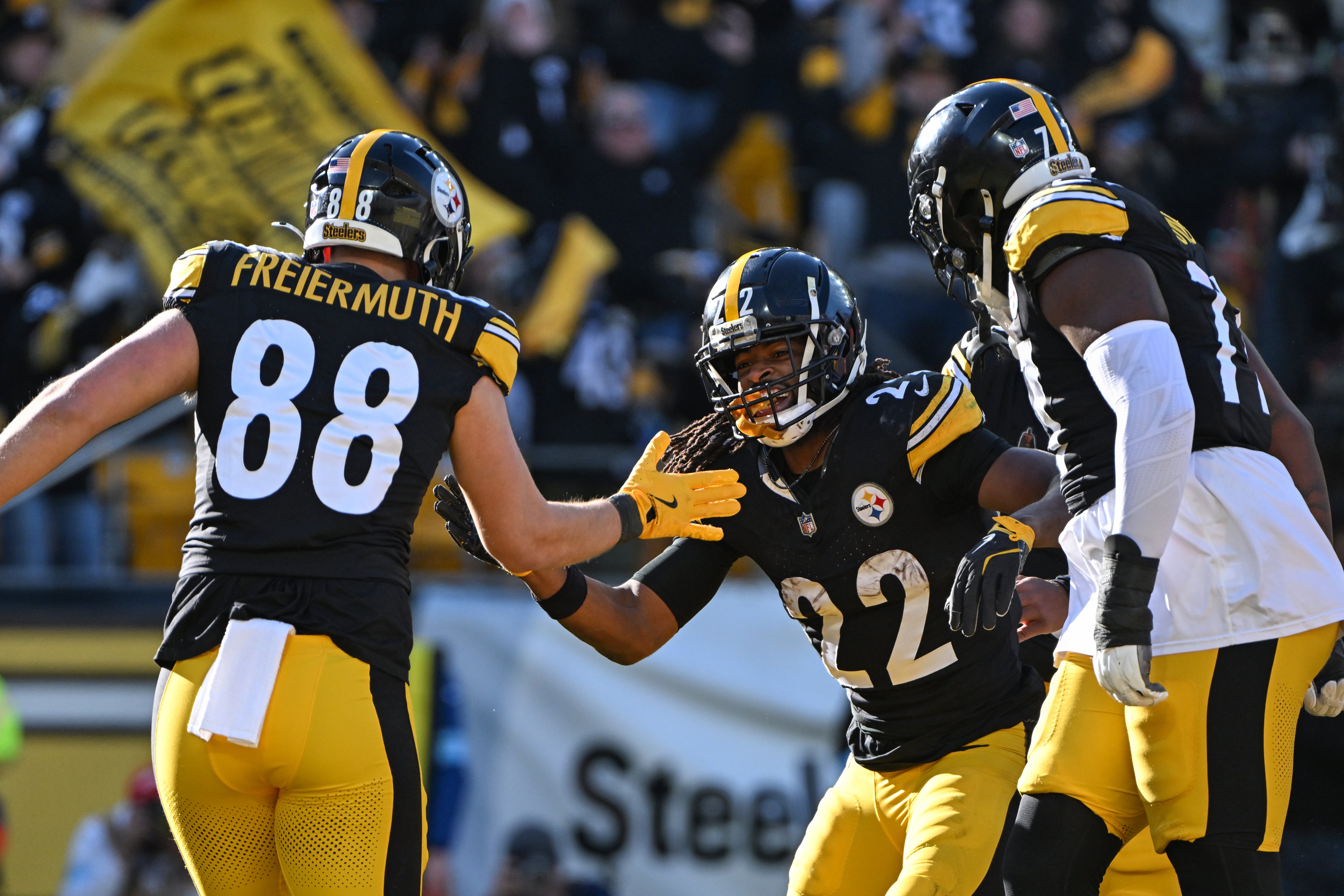 Dec 8, 2024; Pittsburgh, Pennsylvania, USA; Pittsburgh Steelers running back Najee Harris (22) celebrates a 1-yard touchdown run with Pat Freiermuth (88) against the Cleveland Browns during the second quarter at Acrisure Stadium.