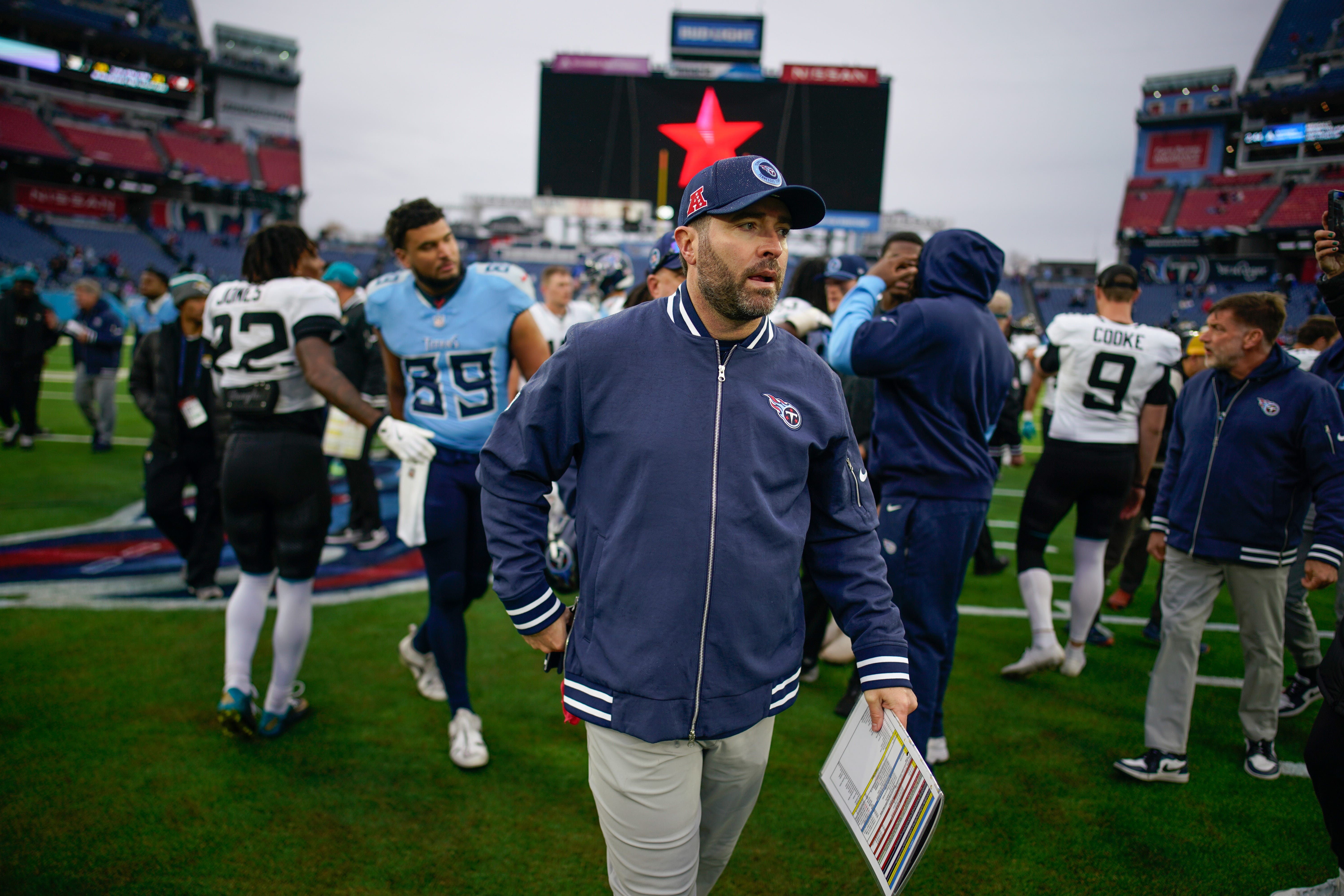 Tennessee Titans head coach Brian Callahan walks off the field after the game at Nissan Stadium in Nashville, Tenn., Sunday, Dec. 8, 2024.