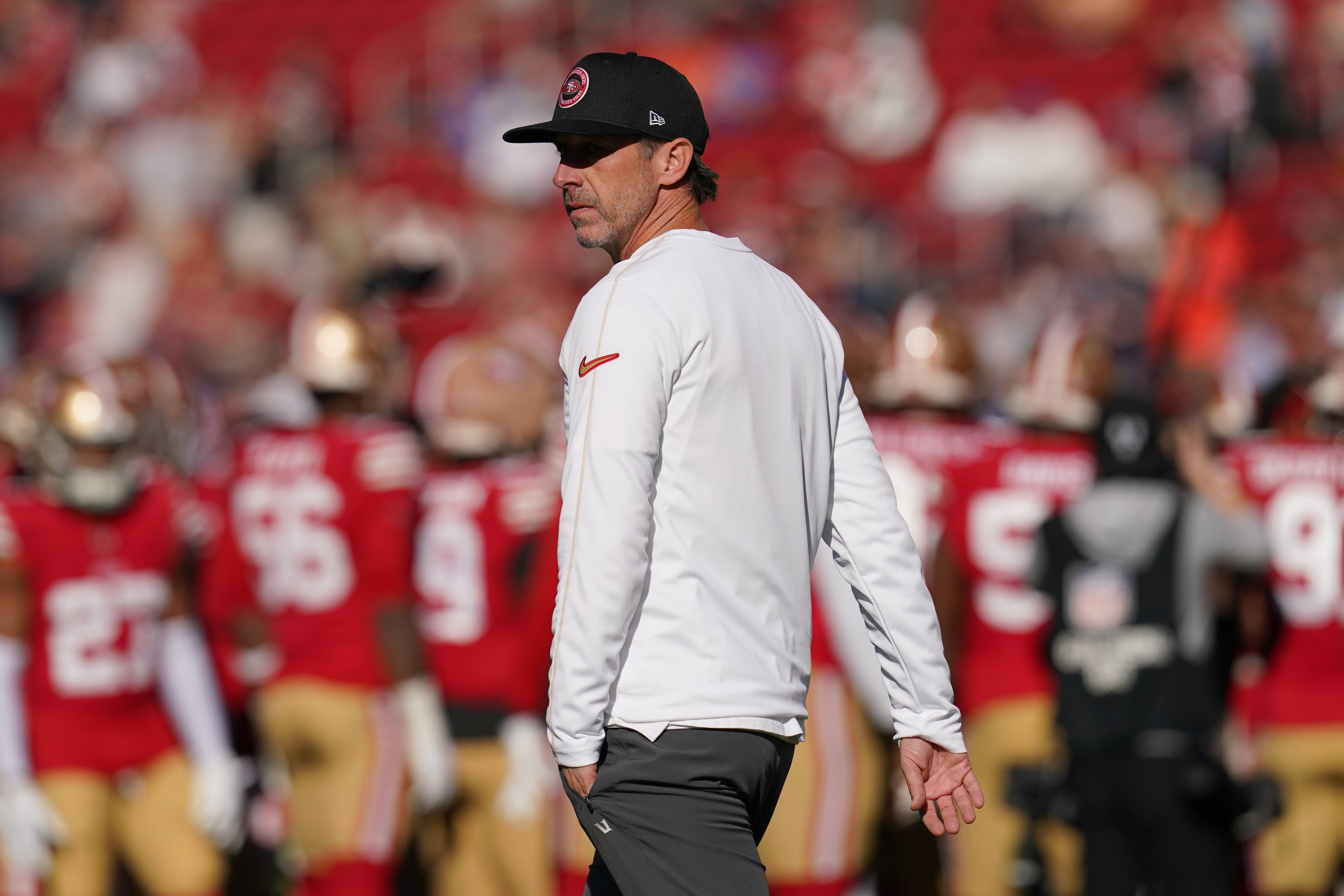 San Francisco 49ers head coach Kyle Shanahan walks on the field before the start of the game against the Chicago Bears at Levi's Stadium.