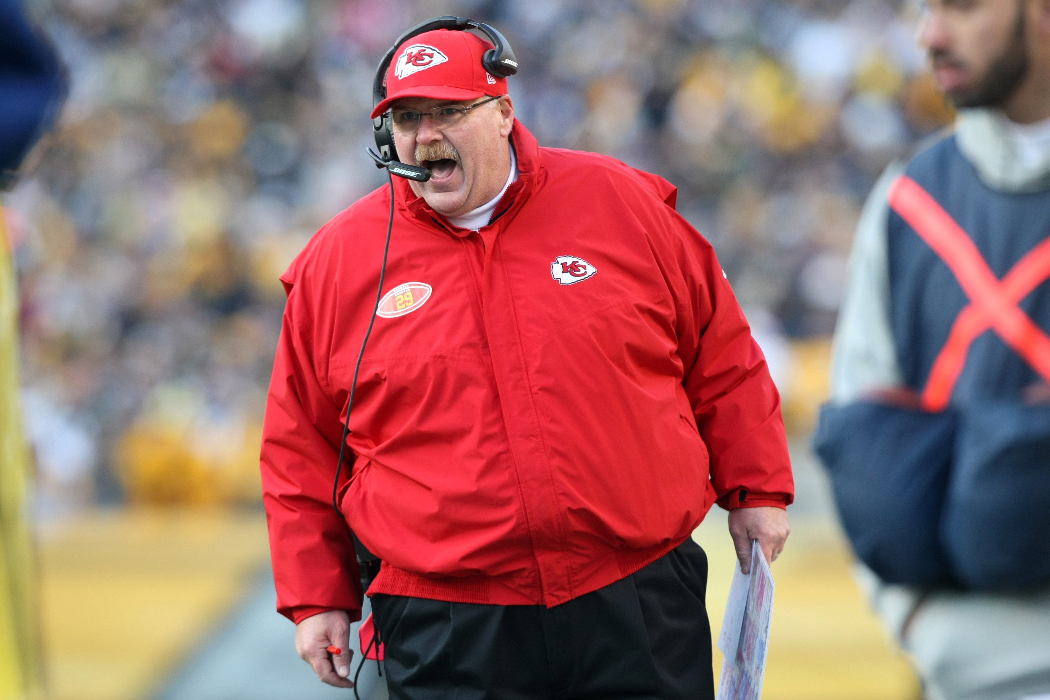 Dec 21, 2014; Pittsburgh, PA, USA; Kansas City Chiefs head coach Andy Reid yells to an official during the second half against the Pittsburgh Steelers at Heinz Field. The Steelers won the game, 20-12.