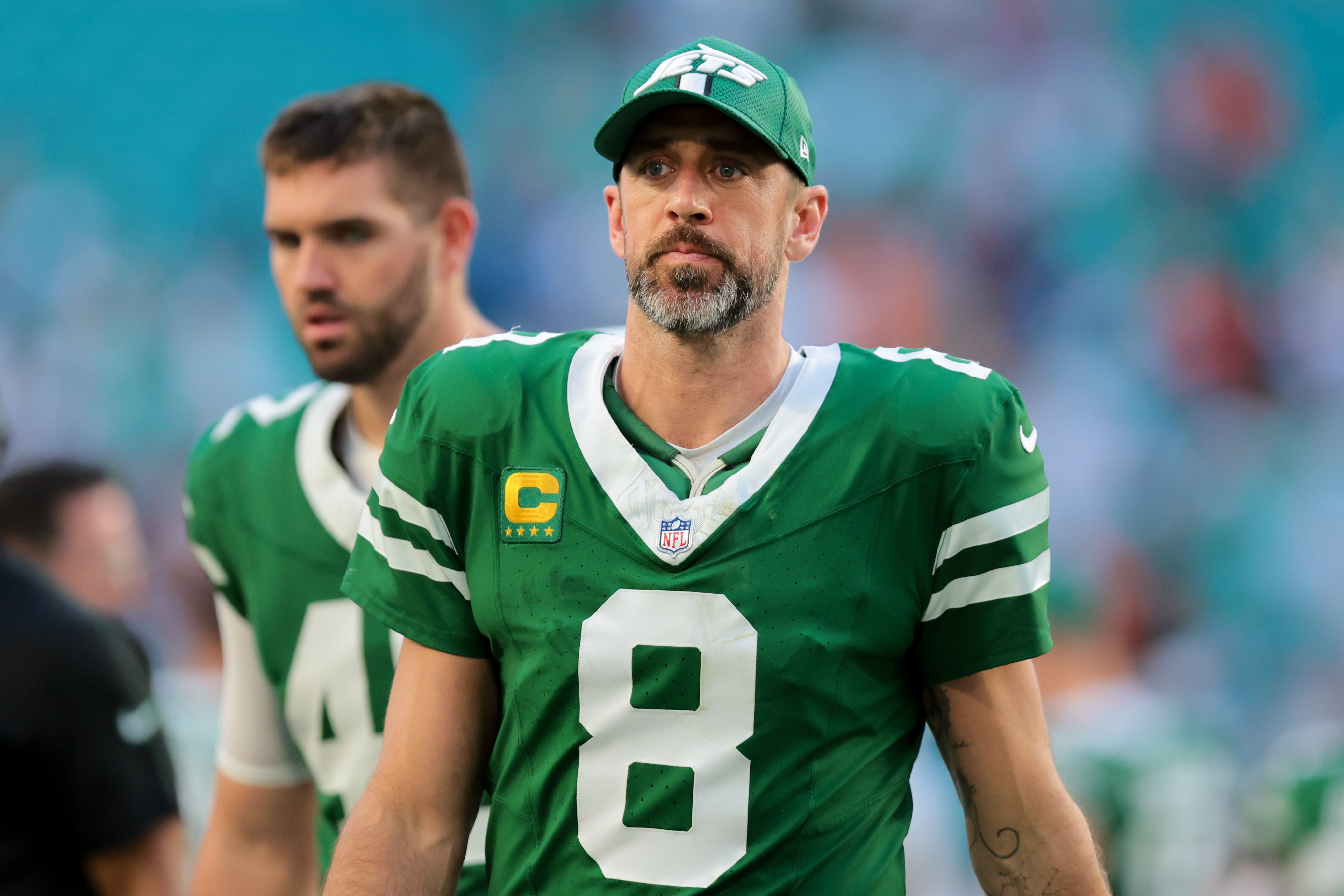 New York Jets quarterback Aaron Rodgers (8) looks on after the game against the Miami Dolphins at Hard Rock Stadium.
