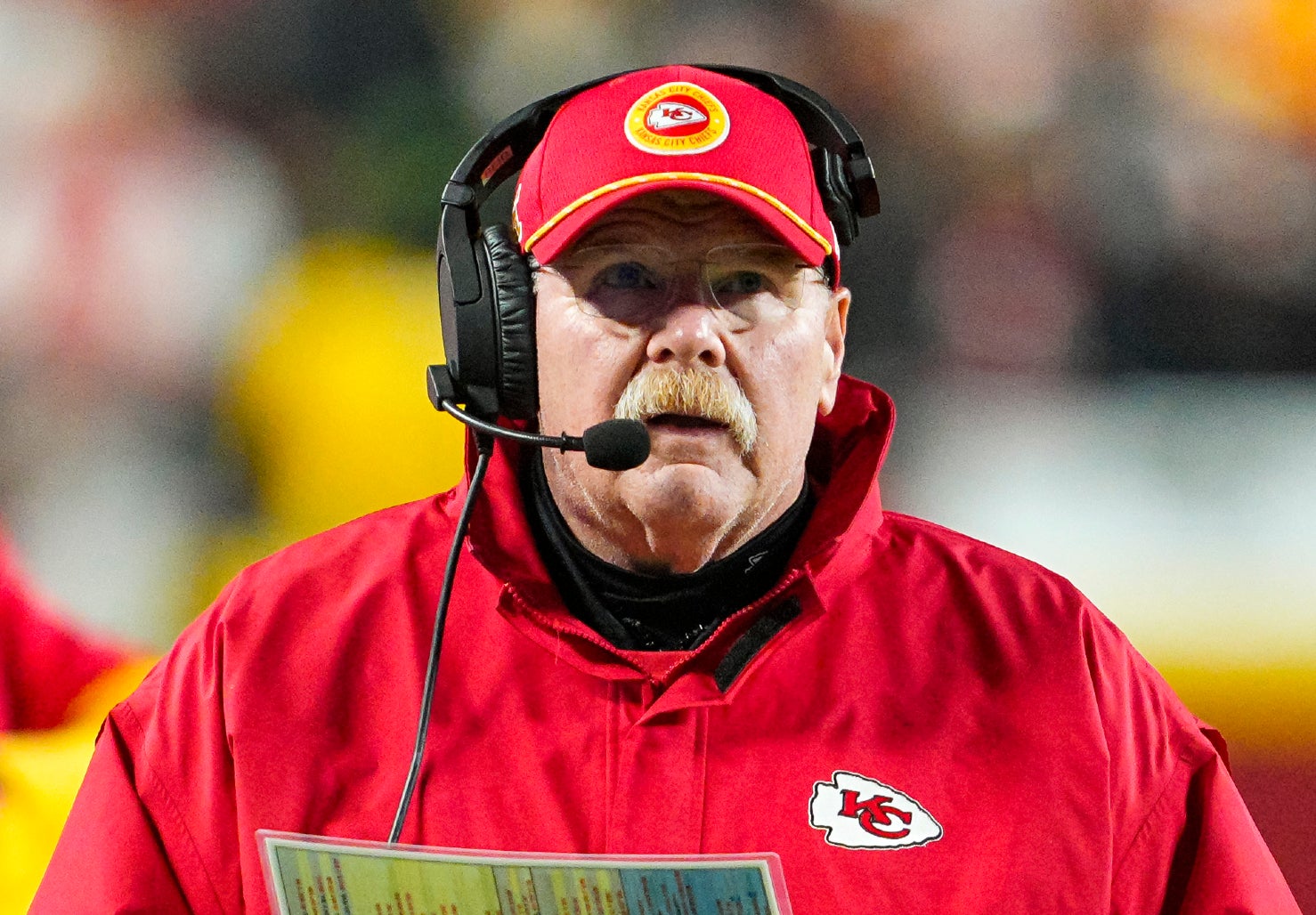 Dec 8, 2024; Kansas City, Missouri, USA; Kansas City Chiefs head coach Andy Reid looks on during the second half against the Los Angeles Chargers at GEHA Field at Arrowhead Stadium.