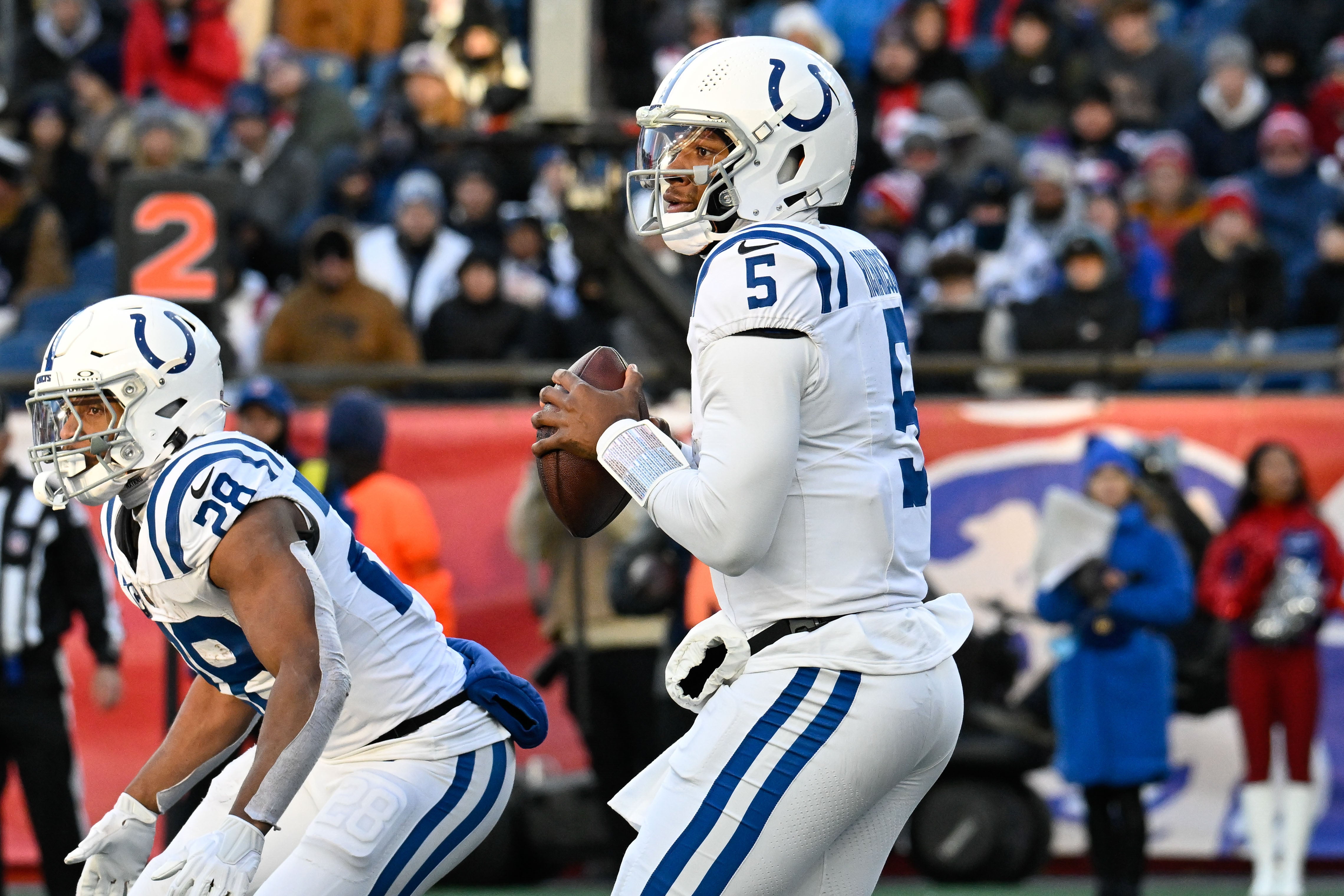 Dec 1, 2024; Foxborough, Massachusetts, USA; Indianapolis Colts quarterback Anthony Richardson (5) looks to pass the ball during the second half against the New England Patriots at Gillette Stadium.