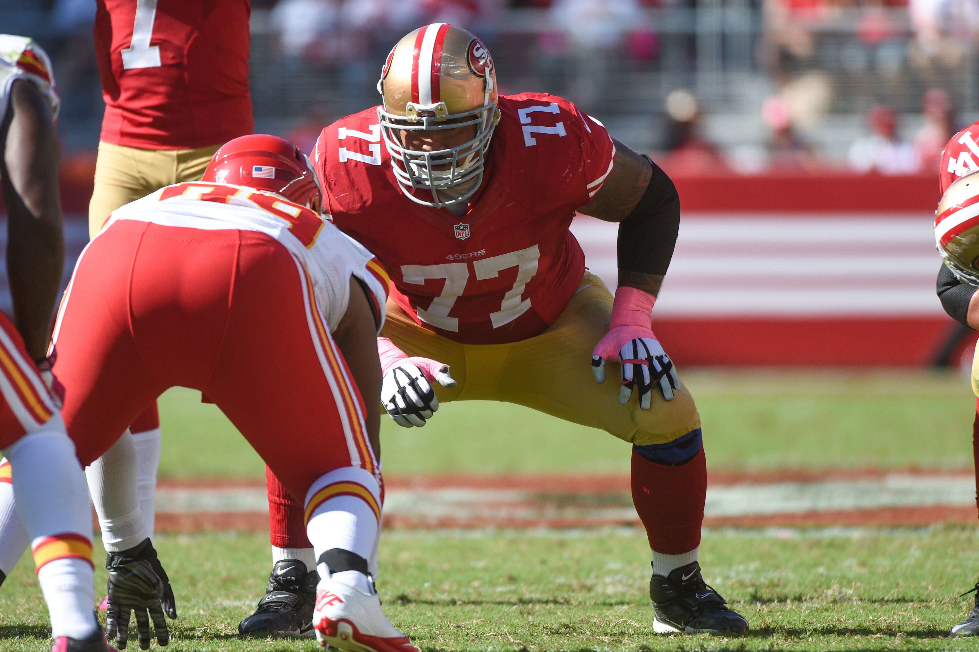 San Francisco 49ers guard Mike Iupati (77) lines up during the third quarter against the Kansas City Chiefs at Levi's Stadium. The 49ers defeated the Chiefs 22-17.