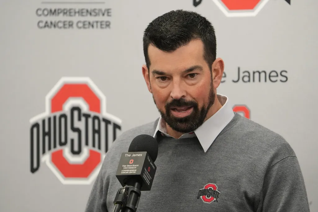 Ohio State University football coach Ryan Day talks with the media Wednesday, December 4, 2024 after the devastating loss to Michigan for the fourth straight year.