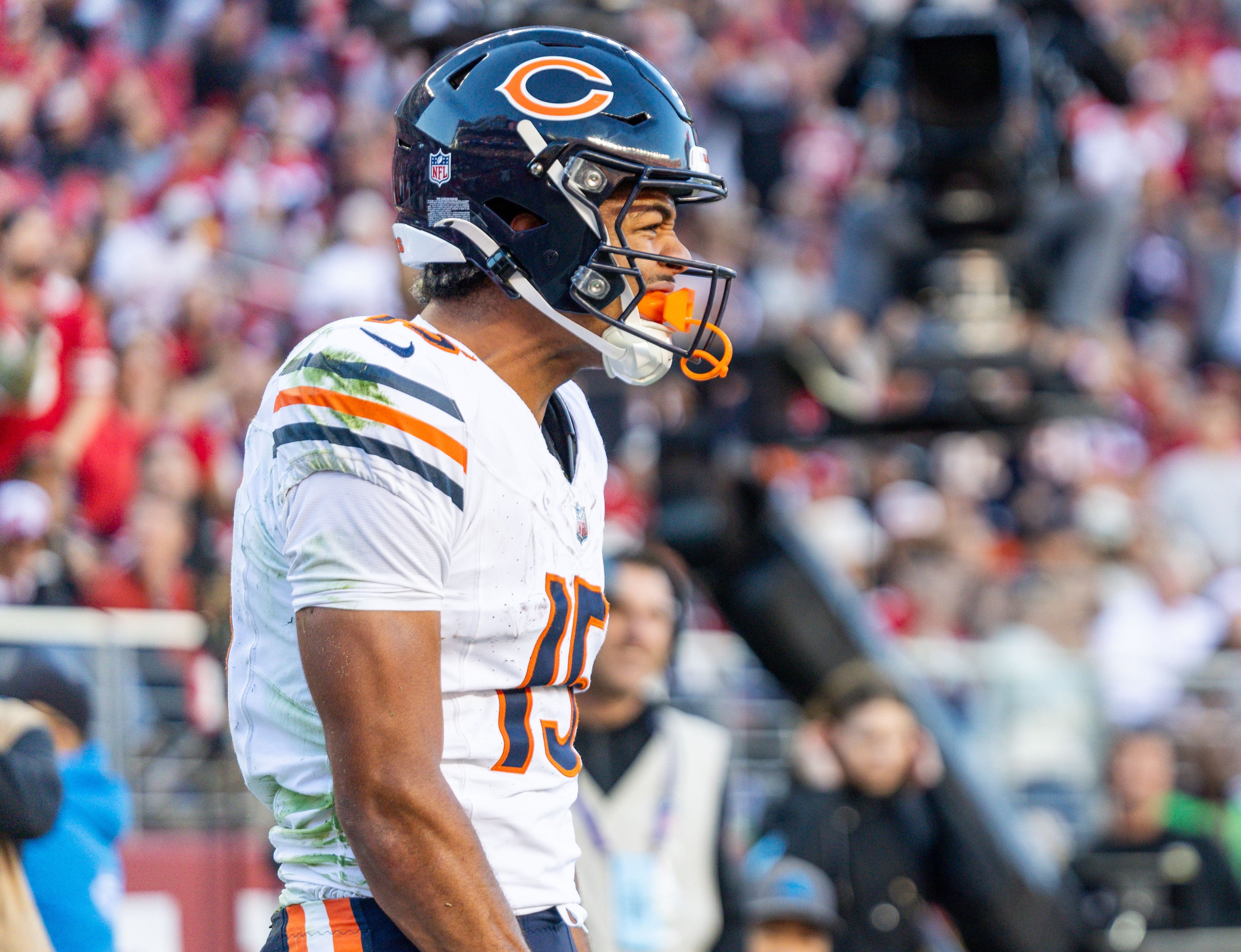 Dec 8, 2024; Santa Clara, California, USA; Chicago Bears wide receiver Rome Odunze (15) celebrates a touchdown during the third quarter against the San Francisco 49ers at Levi's Stadium.