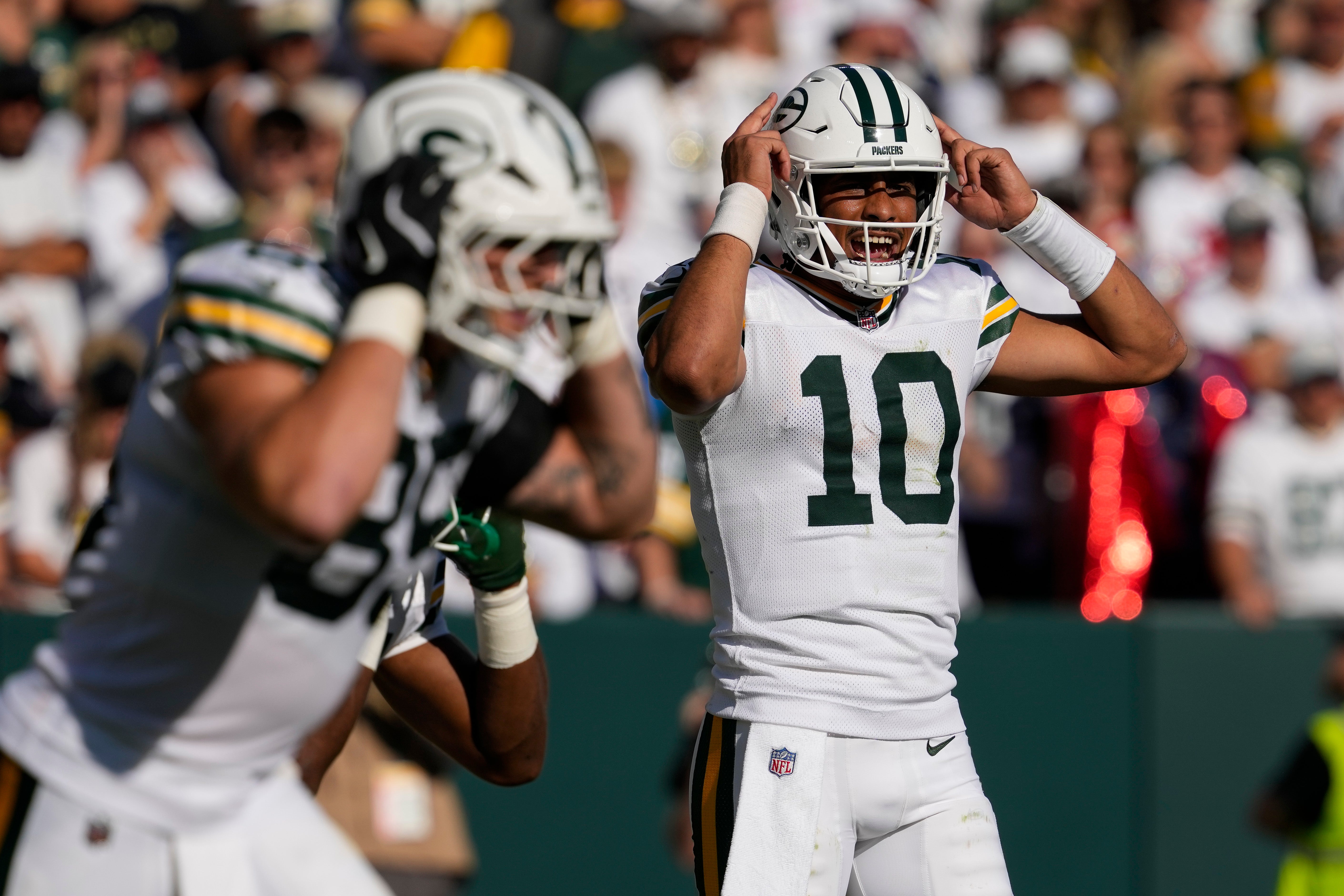Oct 20, 2024; Green Bay, Wisconsin, USA; Green Bay Packers quarterback Jordan Love (10) during the game against the Houston Texans at Lambeau Field.