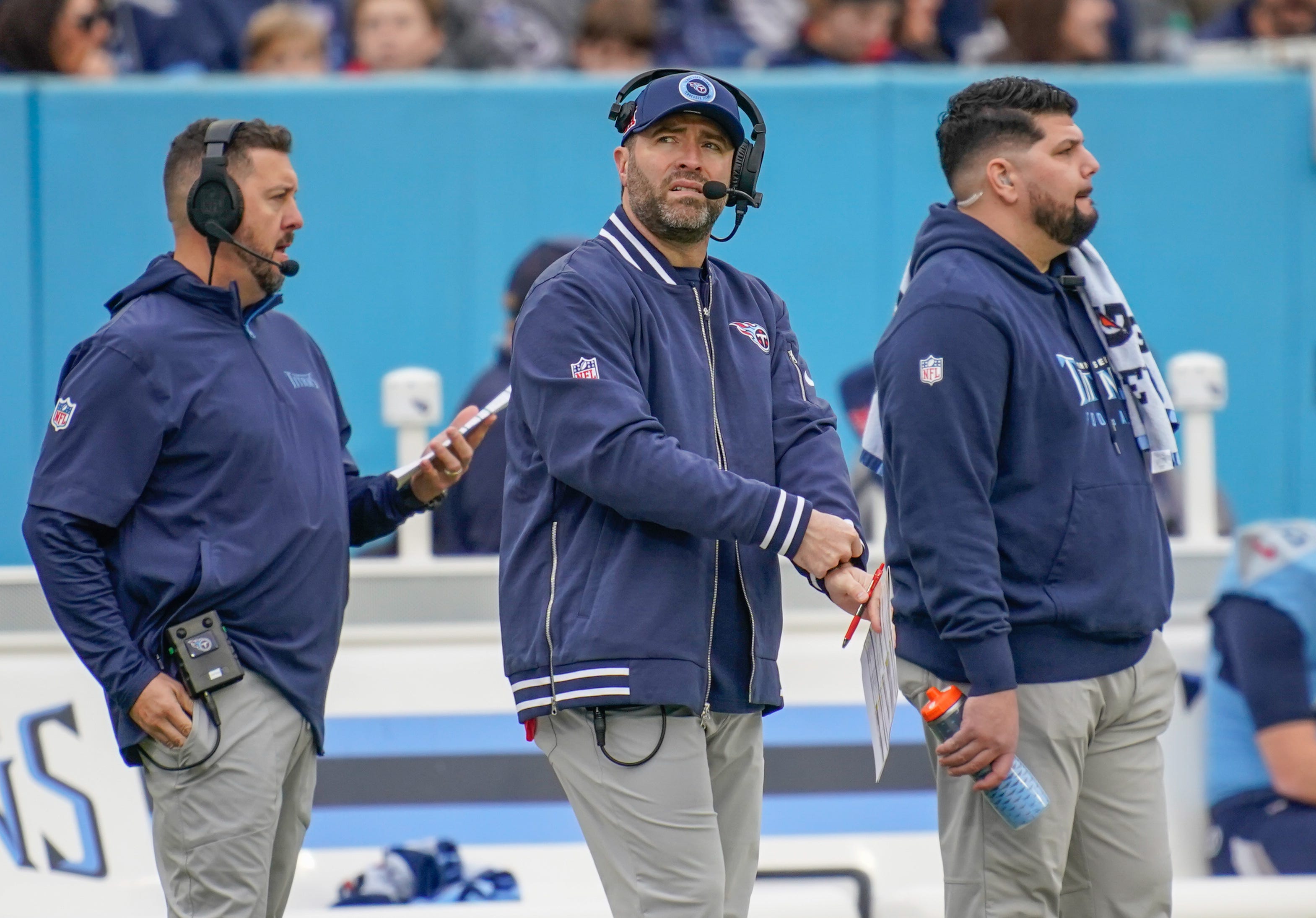 Tennessee Titans head coach Brian Callahan studies the field during the first quarter at Nissan Stadium in Nashville, Tenn., Sunday, Dec. 8, 2024.