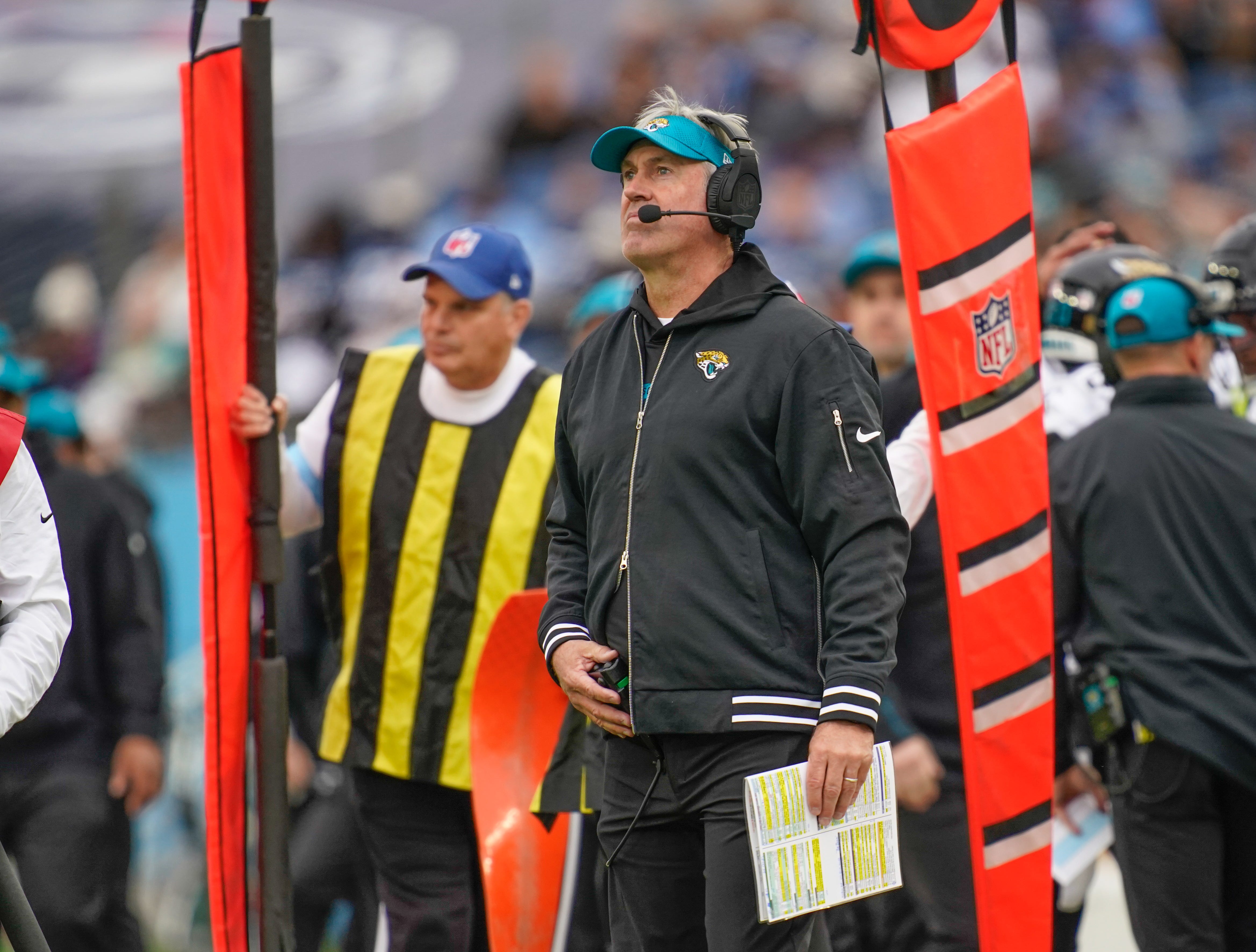 Jacksonville Jaguars head coach Doug Pederson studies the field during the second quarter at Nissan Stadium in Nashville, Tenn., Sunday, Dec. 8, 2024.