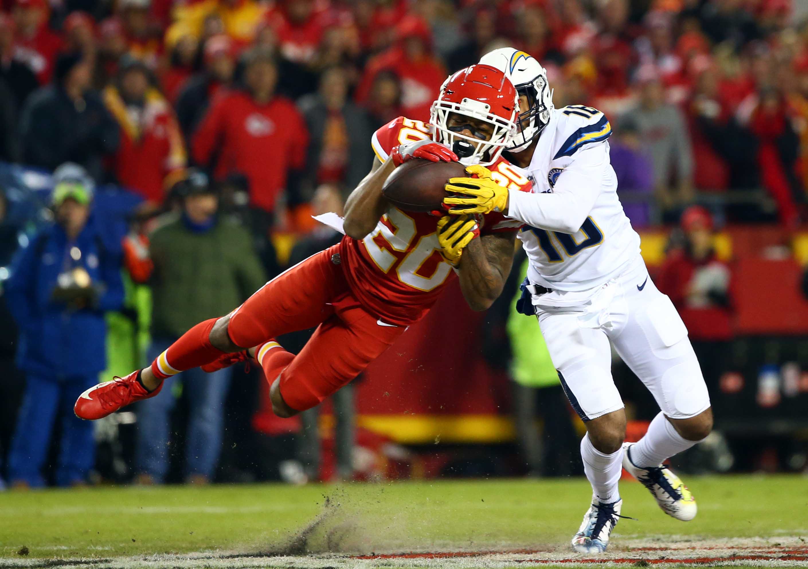 Dec 13, 2018; Kansas City, MO, USA; Kansas City Chiefs cornerback Steven Nelson (20) intercepts a pass intended for Los Angeles Chargers wide receiver Tyrell Williams (16) in the first half at Arrowhead Stadium.