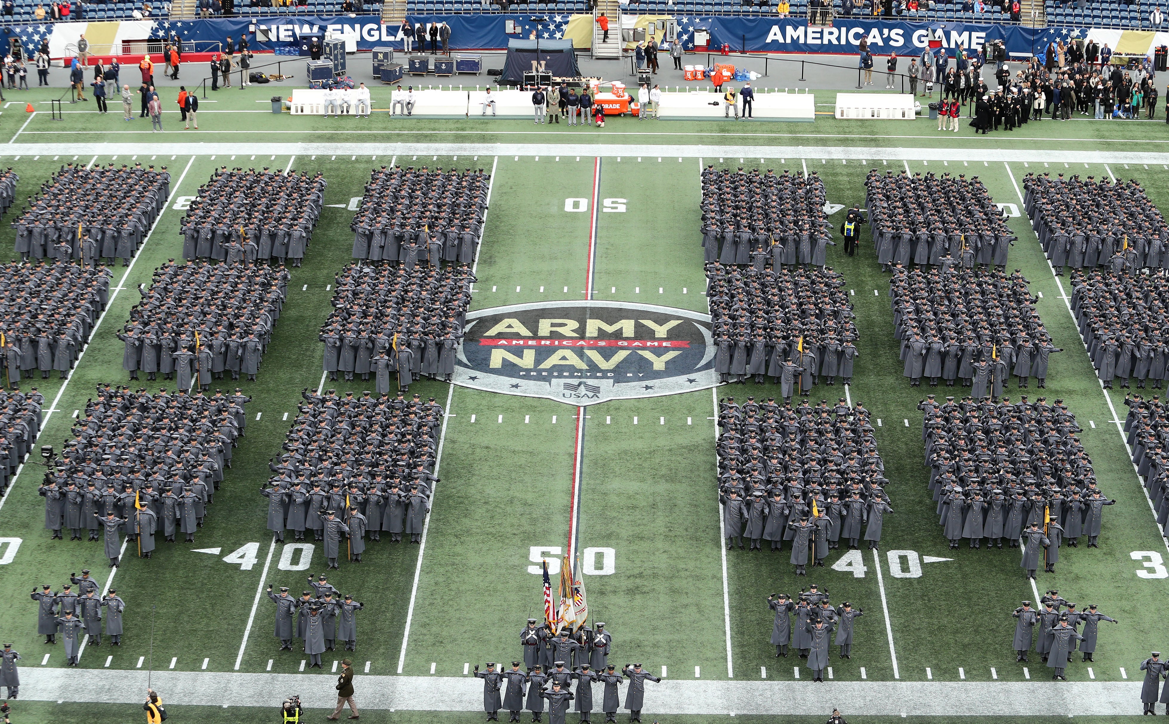 The United States Corps of Cadets from the U.S. Military Academy at West Point march on to the field before the Army-Navy Game.