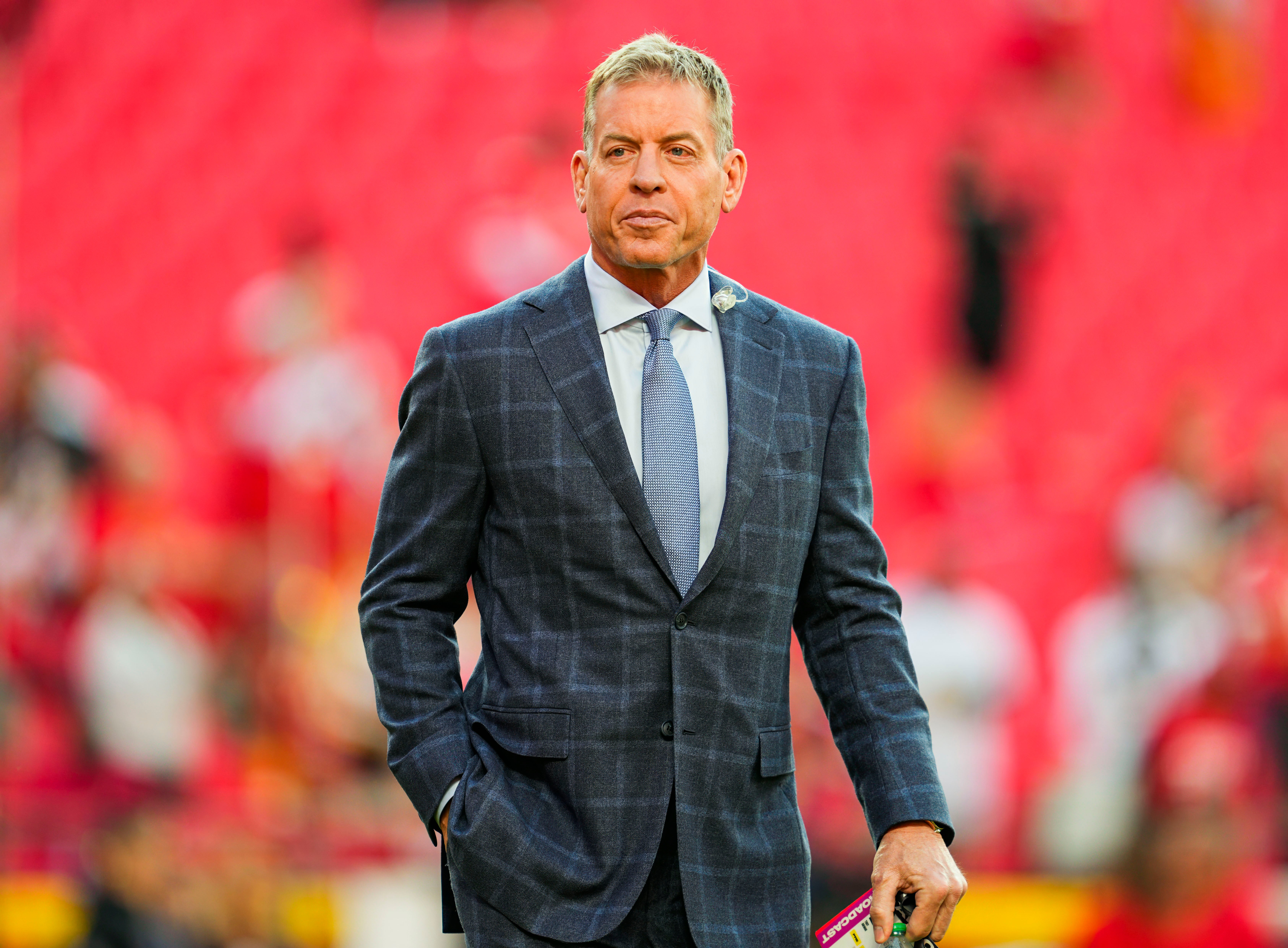 NFL hall of fame Troy Aikman prior to a game between the New Orleans Saints and the Kansas City Chiefs at GEHA Field at Arrowhead Stadium.