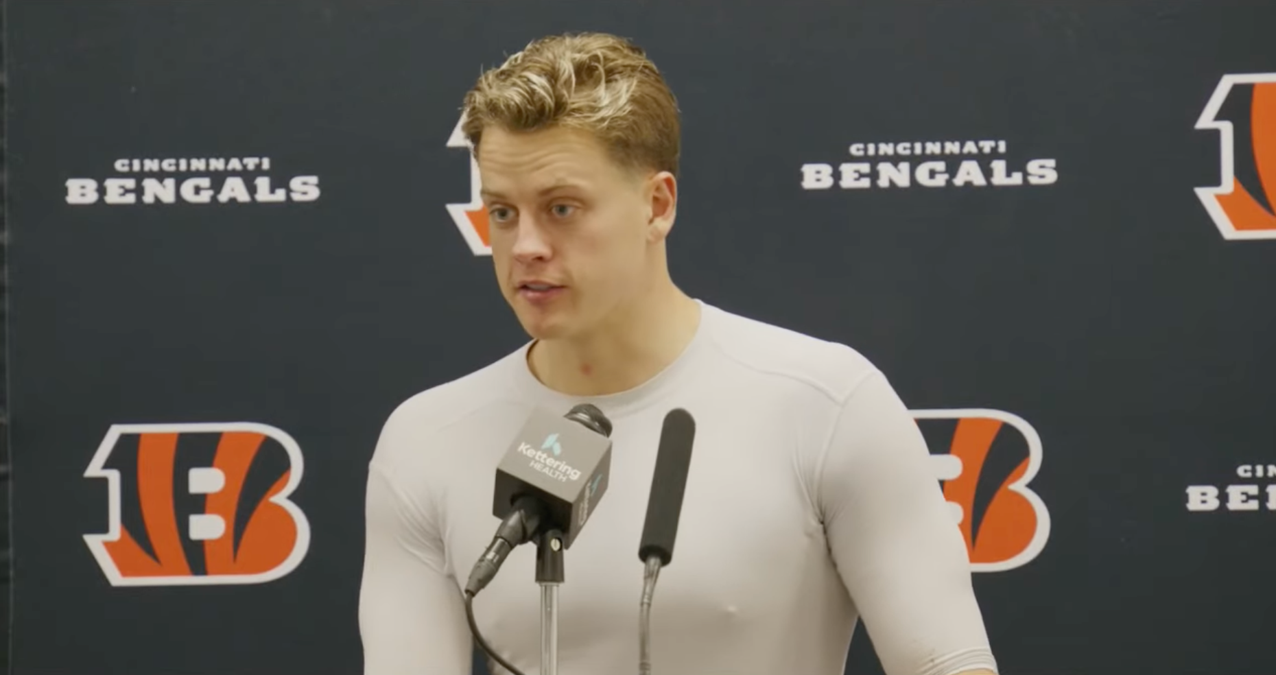Cincinnati Bengals quarterback Joe Burrow talks to reporters after beating the Dallas Cowboys, 27-20, on December 9, 2024.