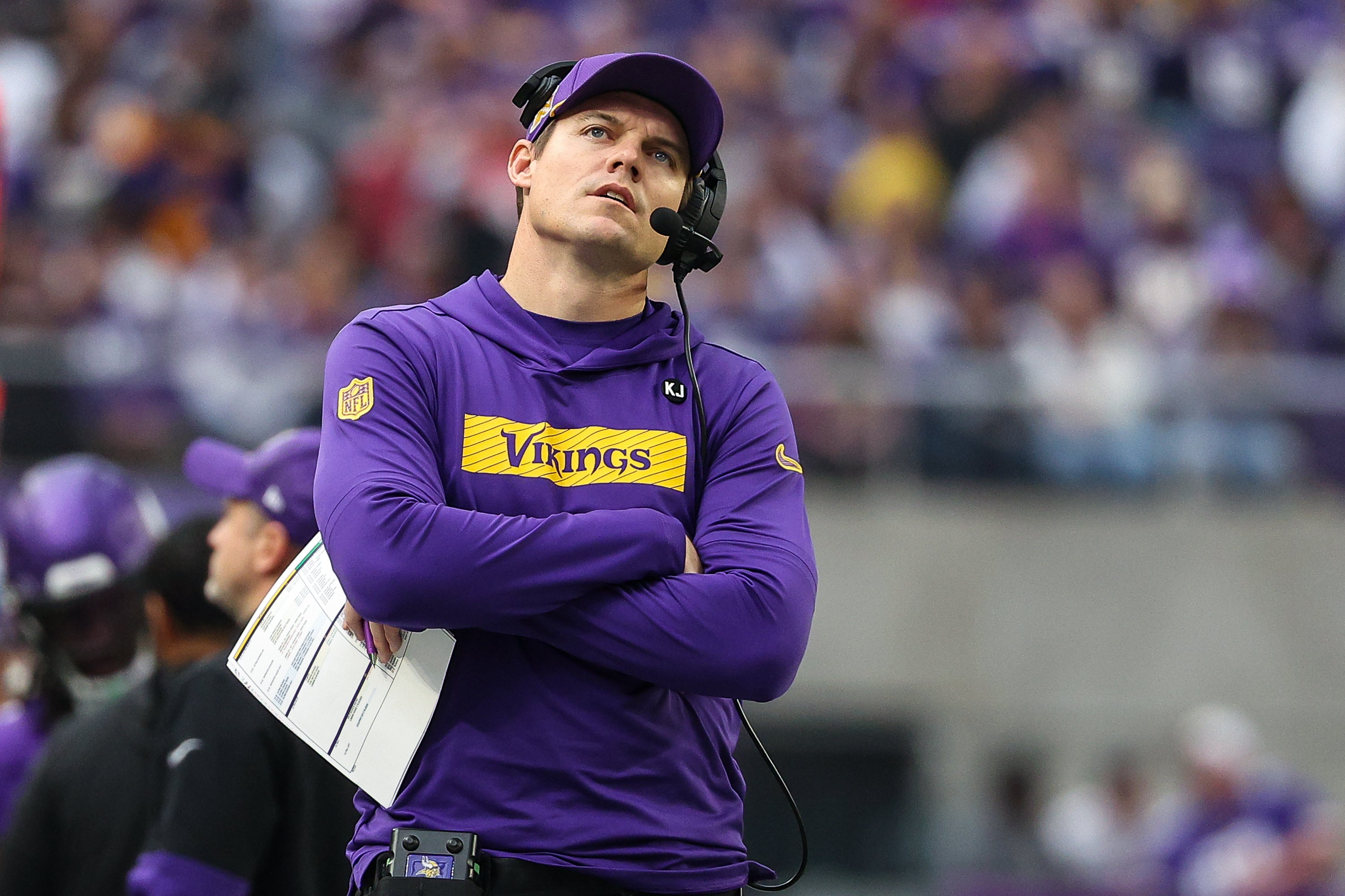 Dec 8, 2024; Minneapolis, Minnesota, USA; Minnesota Vikings head coach Kevin O'Connell looks on during the second quarter against the Atlanta Falcons at U.S. Bank Stadium.