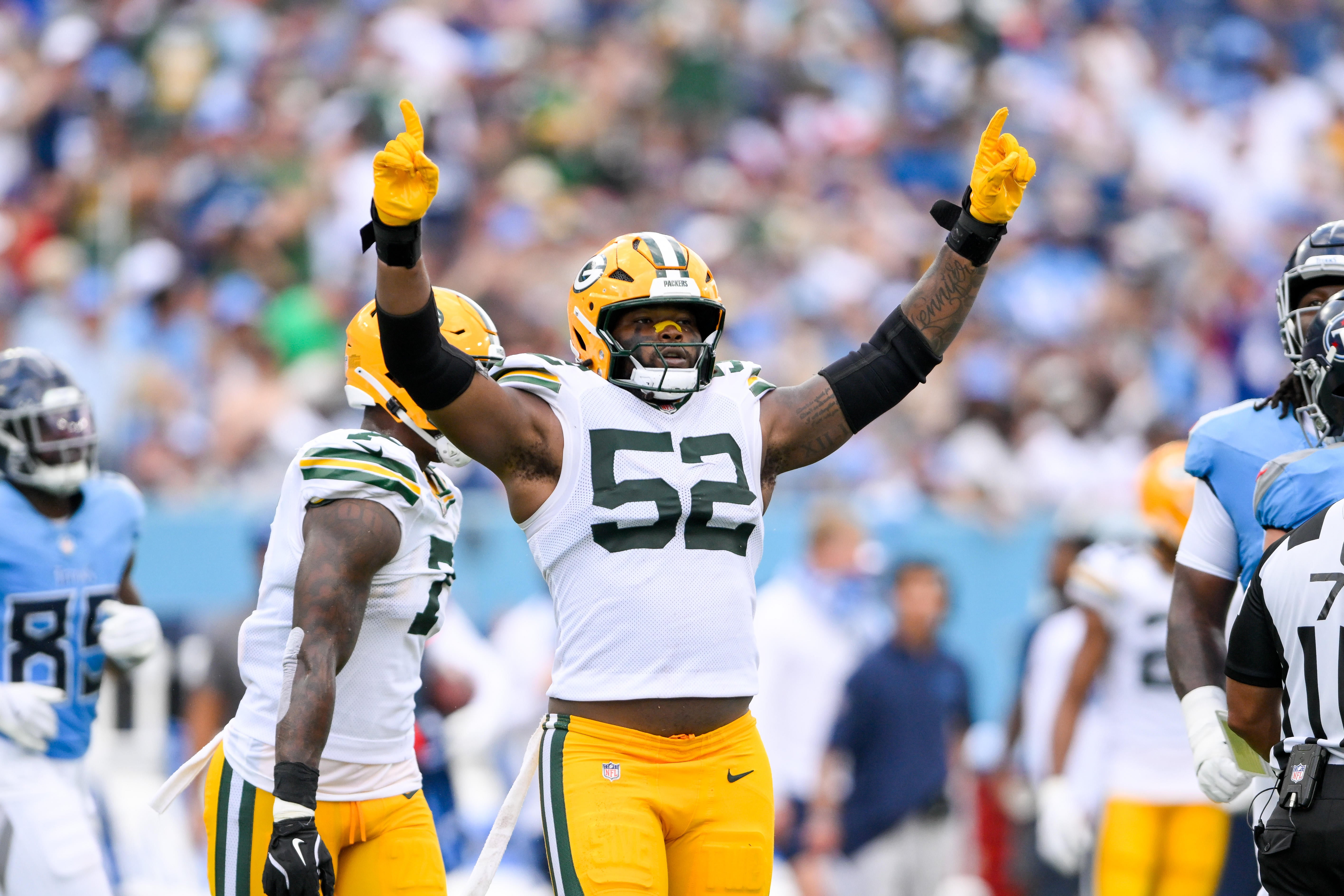 Green Bay Packers defensive end Rashan Gary (52) celebrates the sack against the Tennessee Titans during the second half at Nissan Stadium.