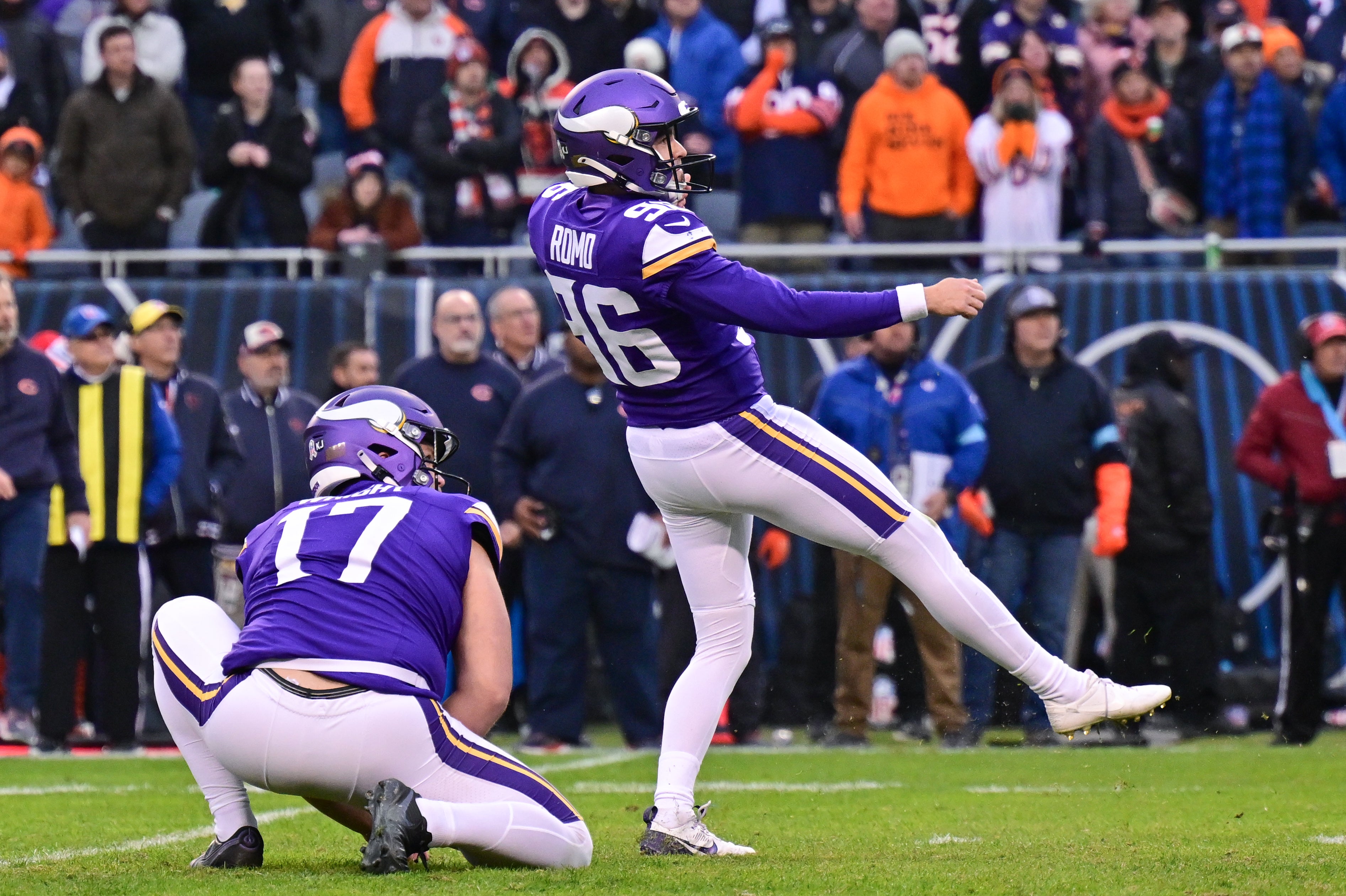 Minnesota Vikings kicker John Parker Romo (96) watches his successful game winning field goal against the Chicago Bears during overtime at Soldier Field.