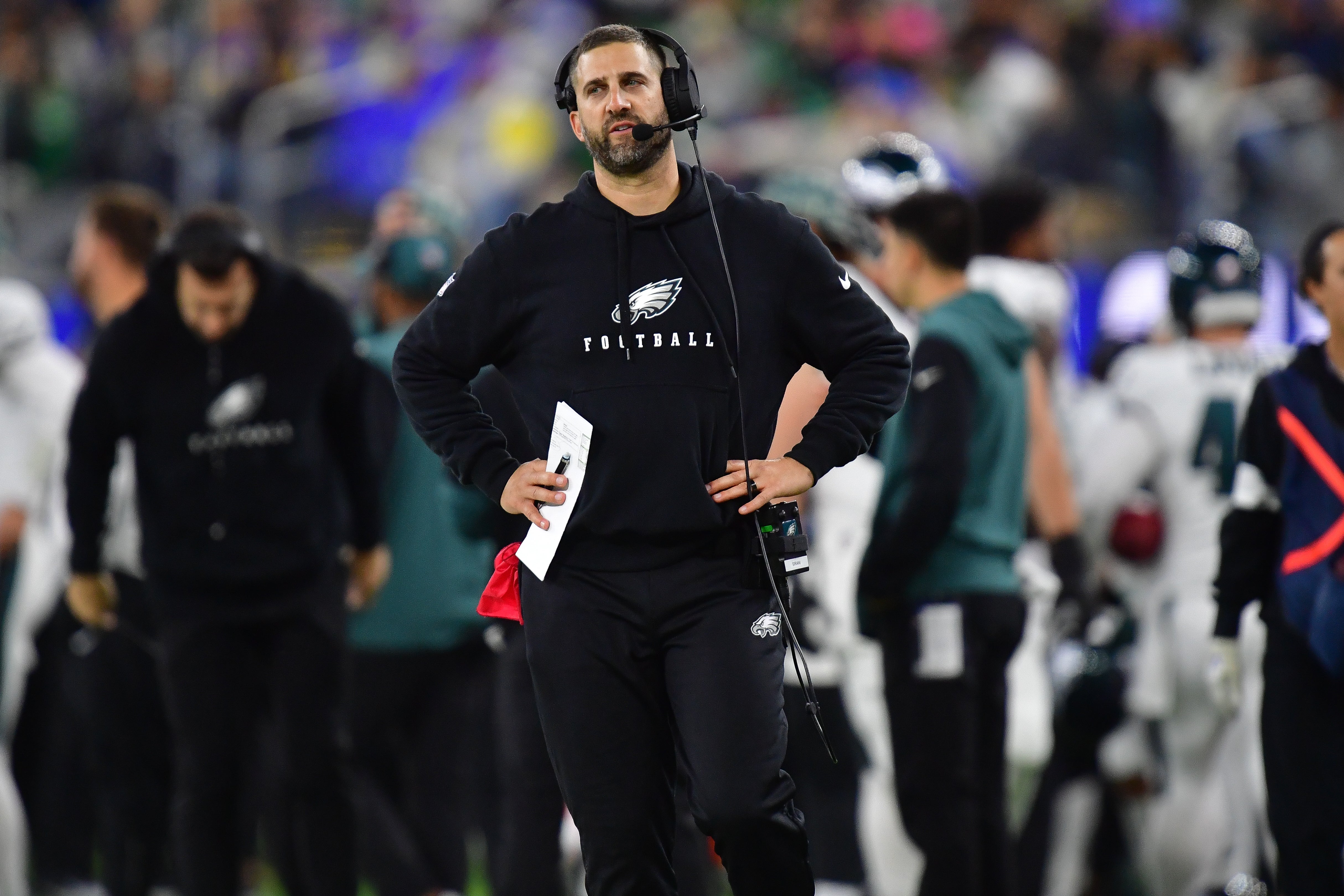 Philadelphia Eagles head coach Nick Sirianni watches game action against the Los Angeles Rams during the second half at SoFi Stadium.