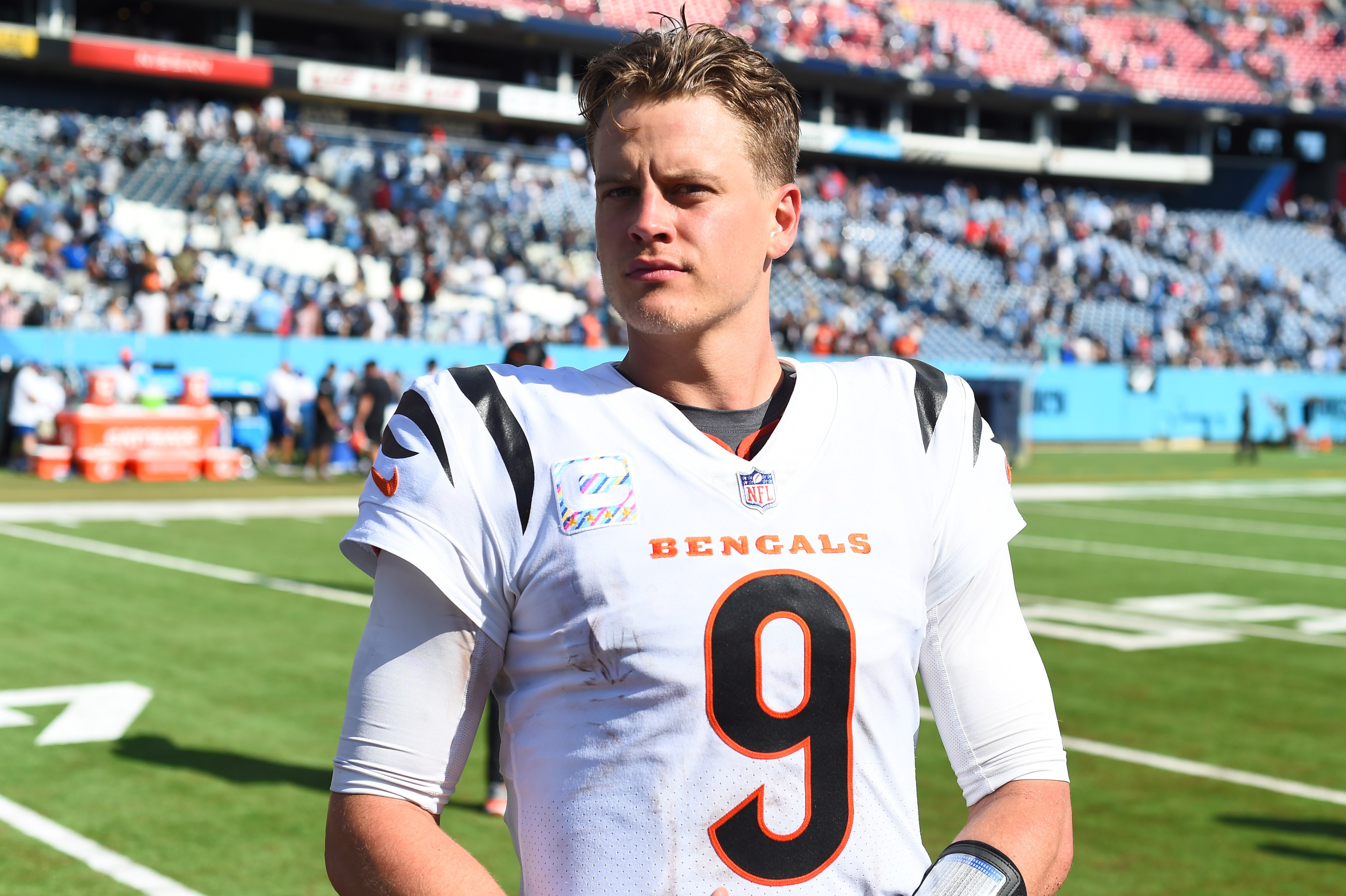 Cincinnati Bengals quarterback Joe Burrow (9) after a loss against the Tennessee Titans at Nissan Stadium. Christopher Hanewinckel-Imagn Images