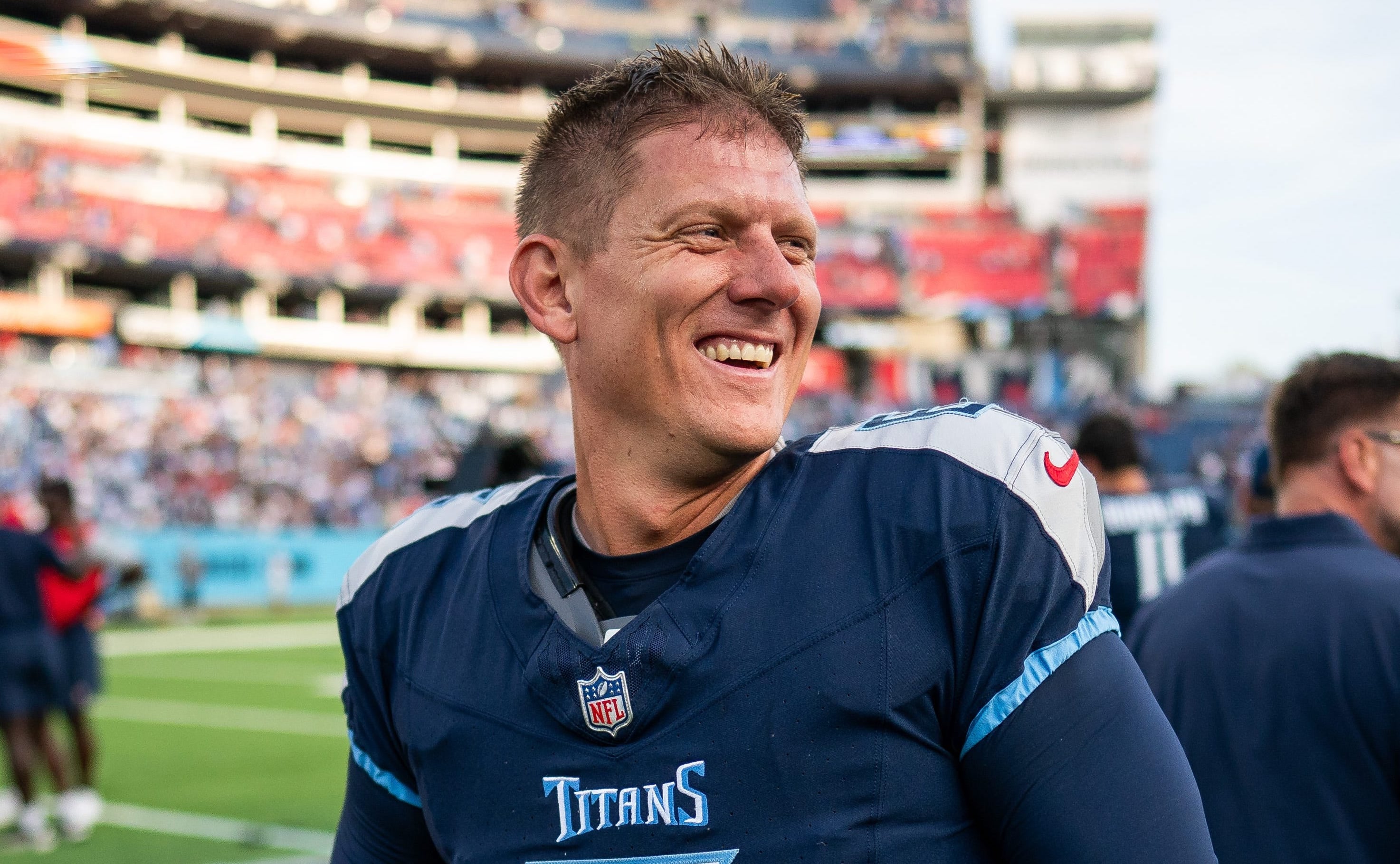 Tennessee Titans place kicker Nick Folk (6) reacts after defeating the New England Patriots in overtime at Nissan Stadium in Nashville, Tenn., Sunday, Nov. 3, 2024 Andrew Nelles / The Tennessean-USA TODAY NETWORK via Imagn Images