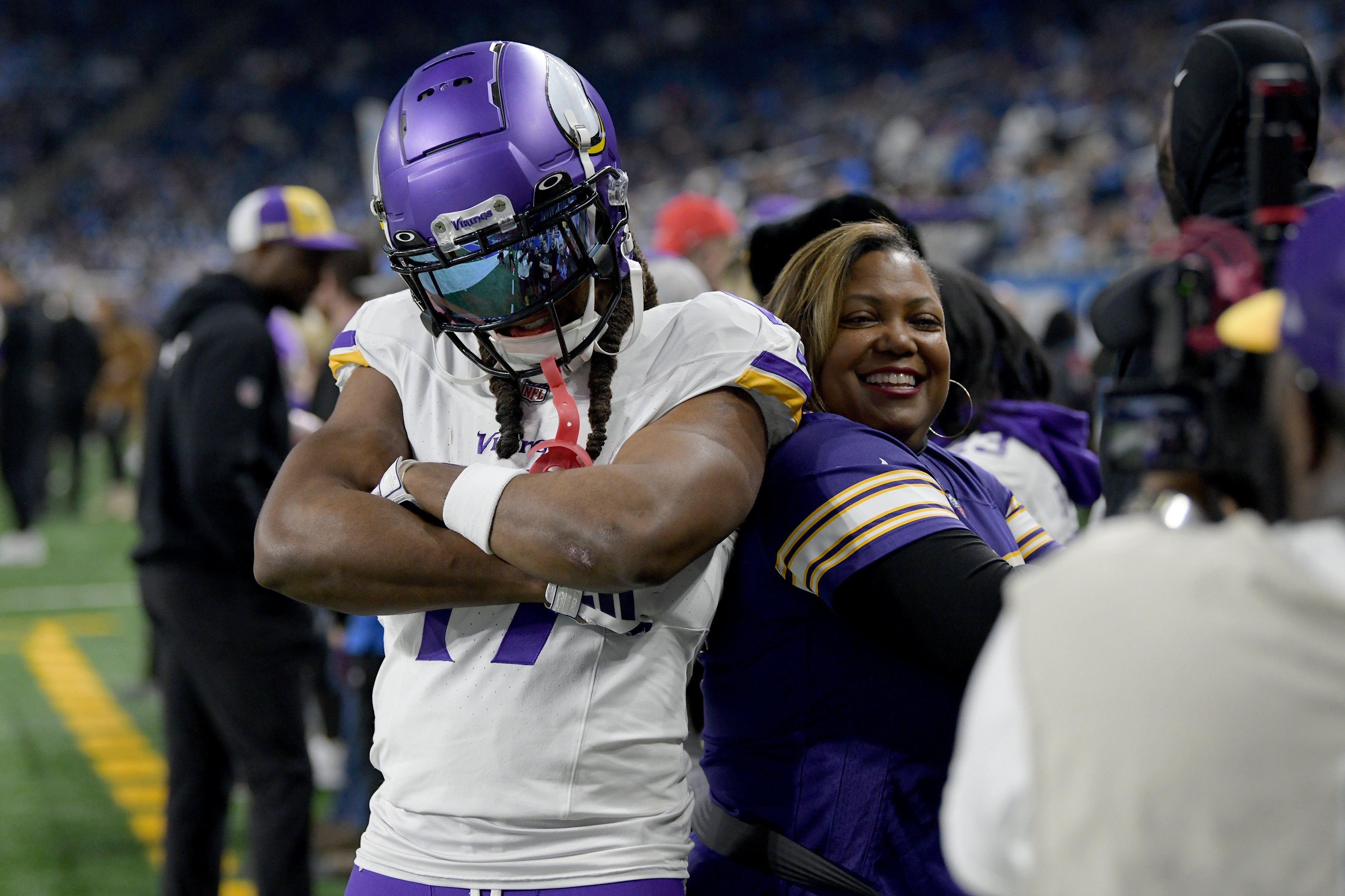 Jan 7, 2024; Detroit, Michigan, USA; Minnesota Vikings wide receiver K.J. Osborn (17) poses for a picture with his mom, Val Osborn, prior to their game against the Detroit Lions at Ford Field.