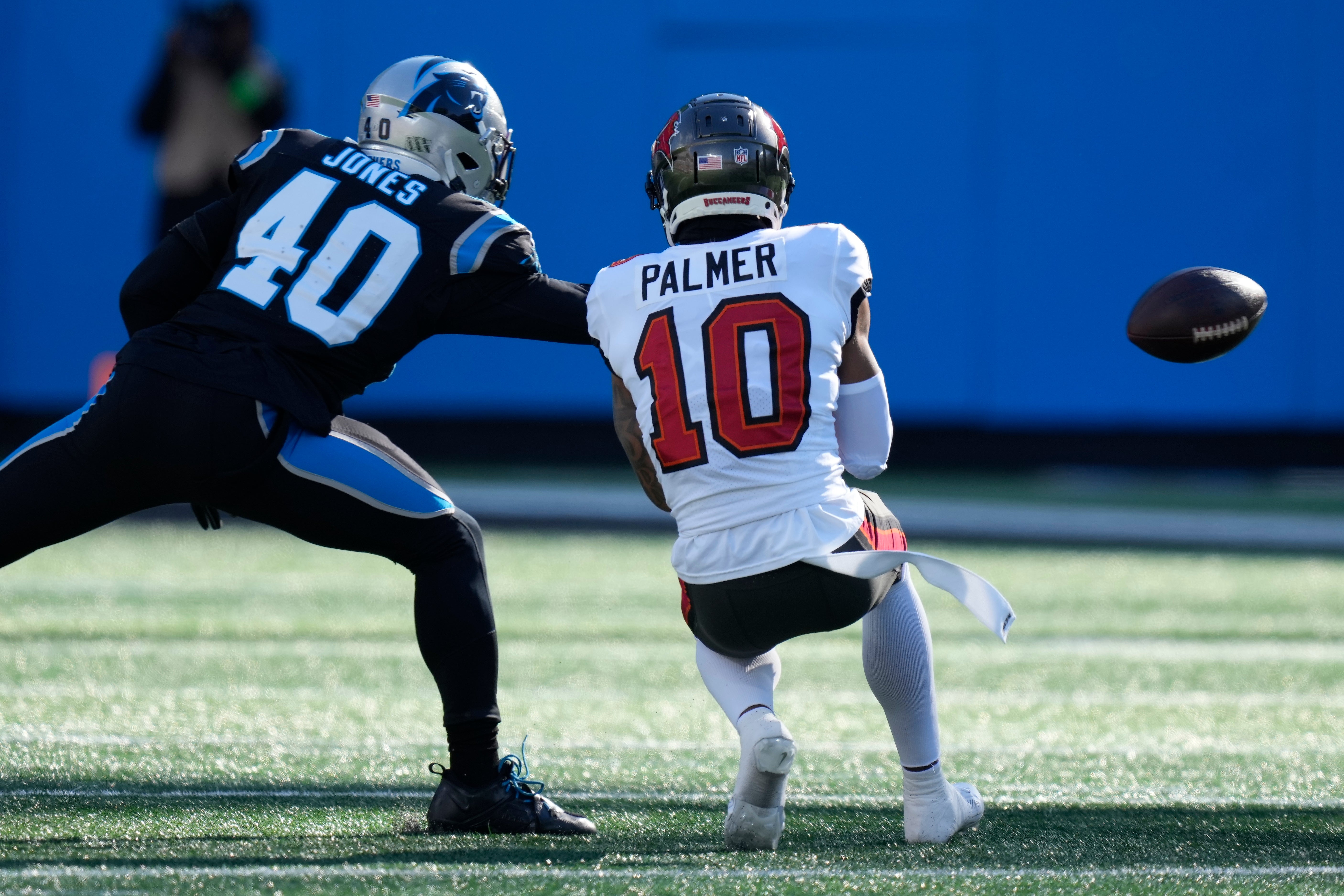 Jan 7, 2024; Charlotte, North Carolina, USA; Carolina Panthers linebacker Deion Jones (40) reaches in as Tampa Bay Buccaneers wide receiver Trey Palmer (10) cannot make the catch during the second quarter at Bank of America Stadium.