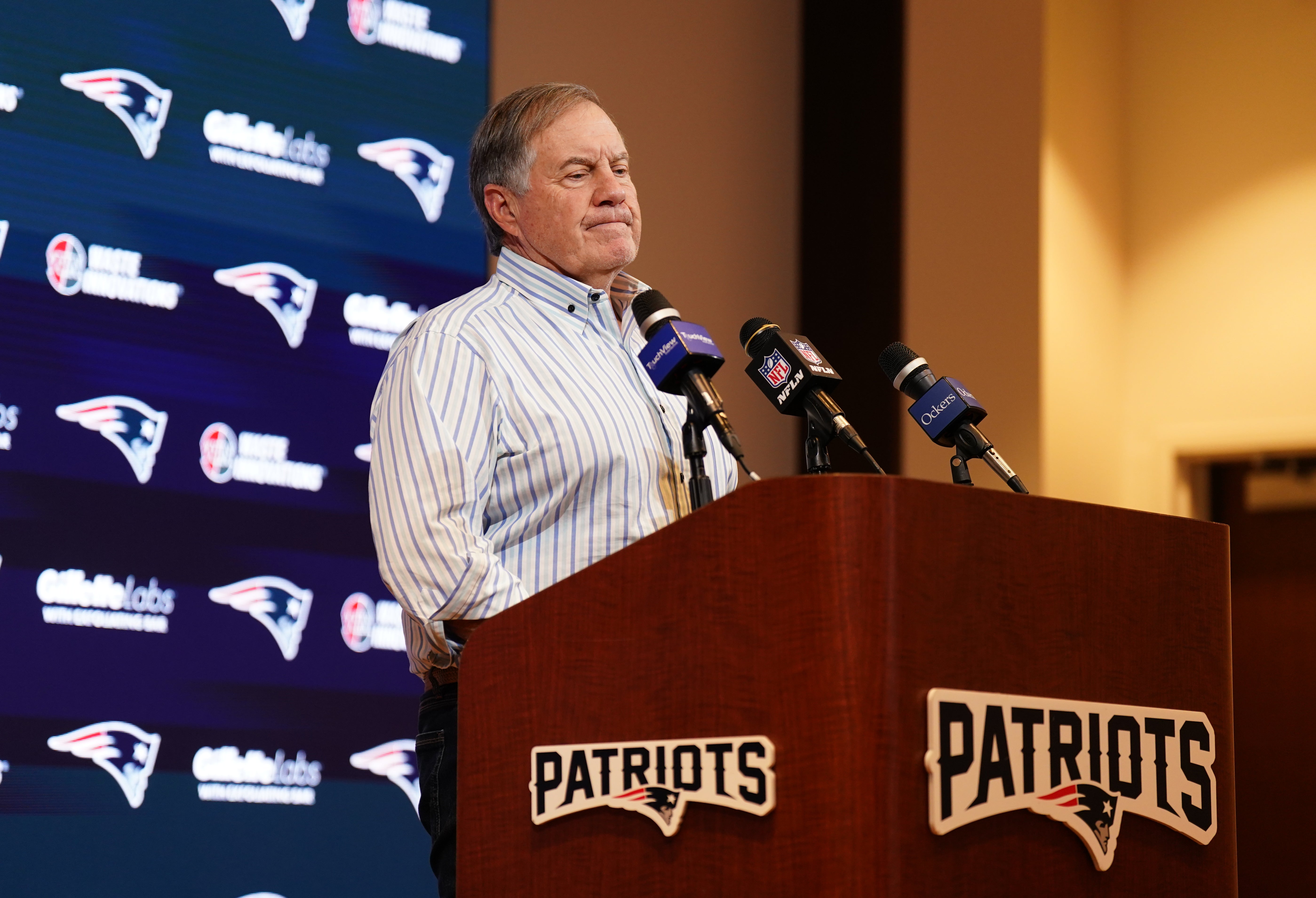 Jan 7, 2024; Foxborough, Massachusetts, USA; New England Patriots head coach Bill Belichick talks to reporters after the game against the New York Jets at Gillette Stadium.