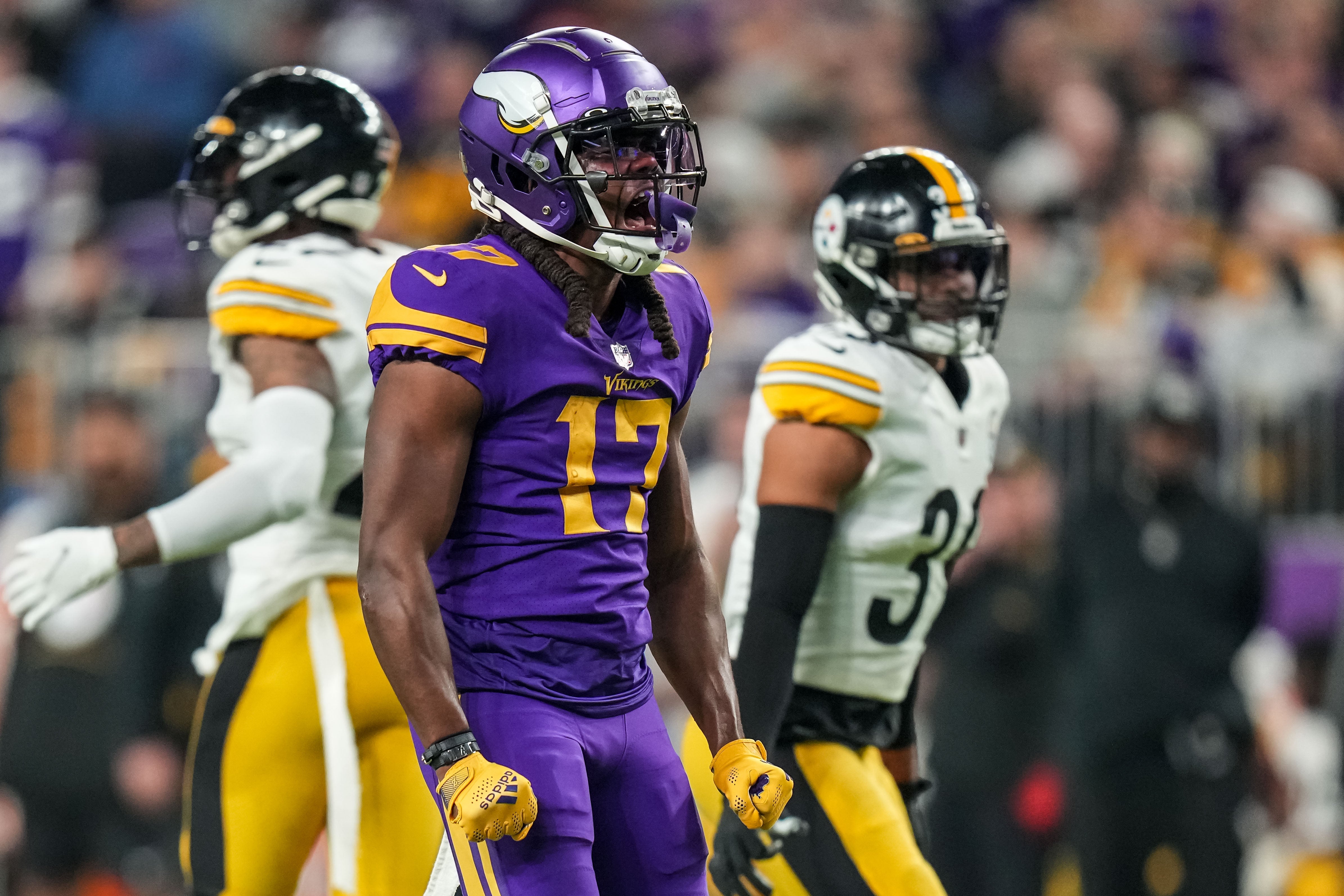 Dec 9, 2021; Minneapolis, Minnesota, USA; Minnesota Vikings wide receiver K.J. Osborn (17) celebrates during the second quarter against the Pittsburgh Steelers at U.S. Bank Stadium.