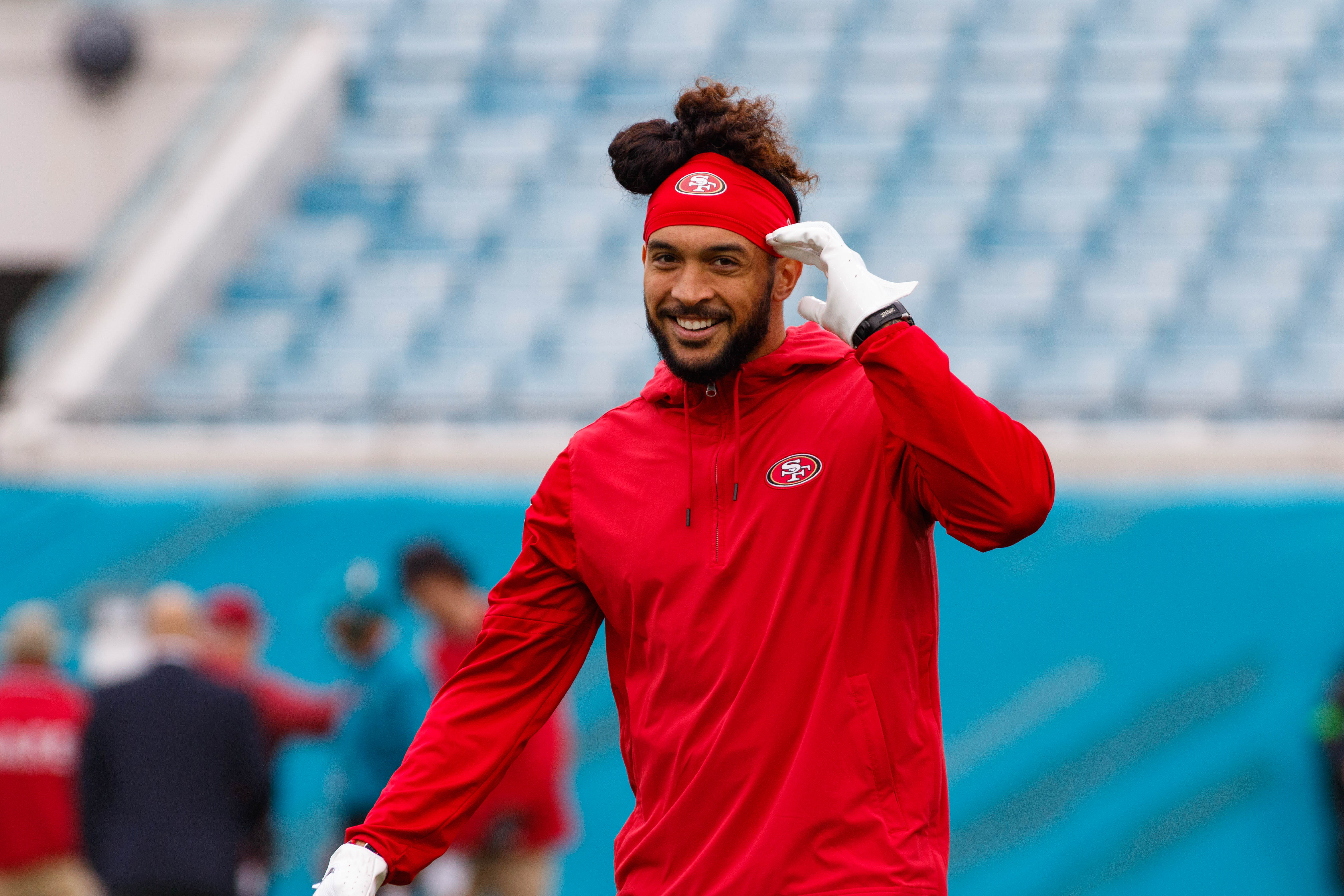 San Francisco 49ers safety Talanoa Hufanga (29) during the warm ups before the game against the Jacksonville Jaguars at EverBank Stadium.