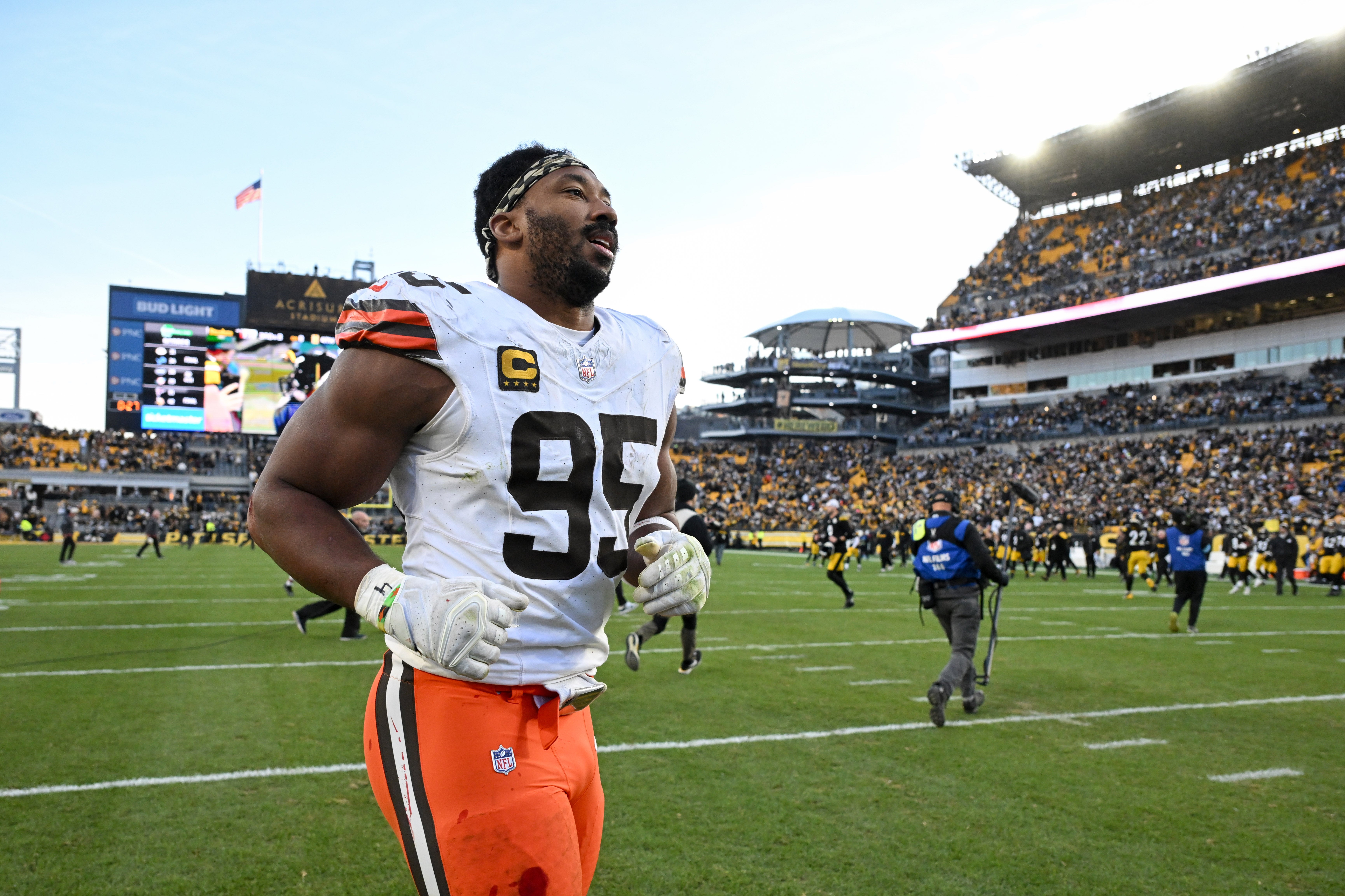 Dec 8, 2024; Pittsburgh, Pennsylvania, USA; Cleveland Browns defensive end Myles Garrett (95) leaves the field following a game against the Pittsburgh Steelers at Acrisure Stadium.