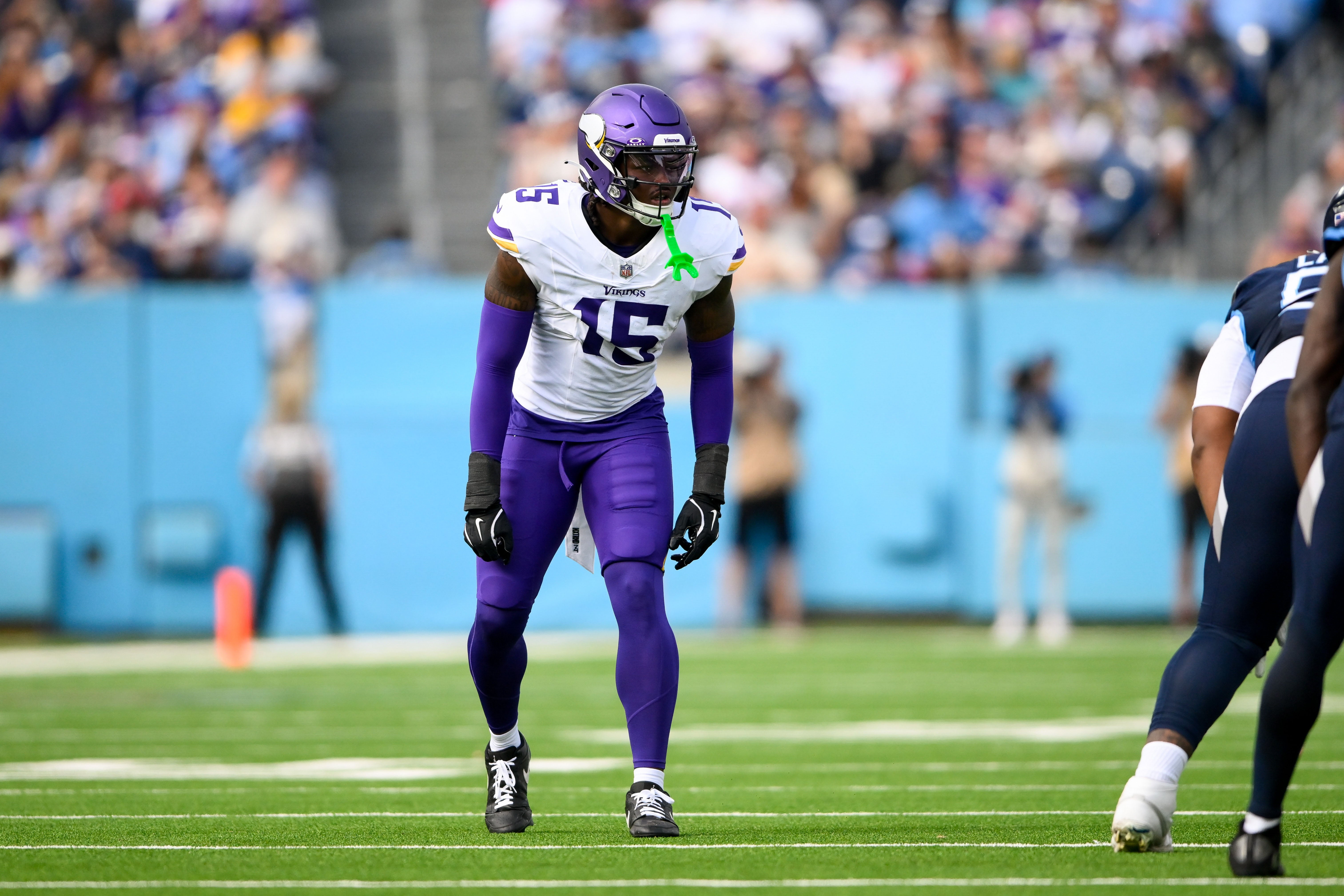 Nov 17, 2024; Nashville, Tennessee, USA; Minnesota Vikings linebacker Dallas Turner (15) against the Tennessee Titans during the first half at Nissan Stadium. Mandatory Credit: Steve Roberts-Imagn Images