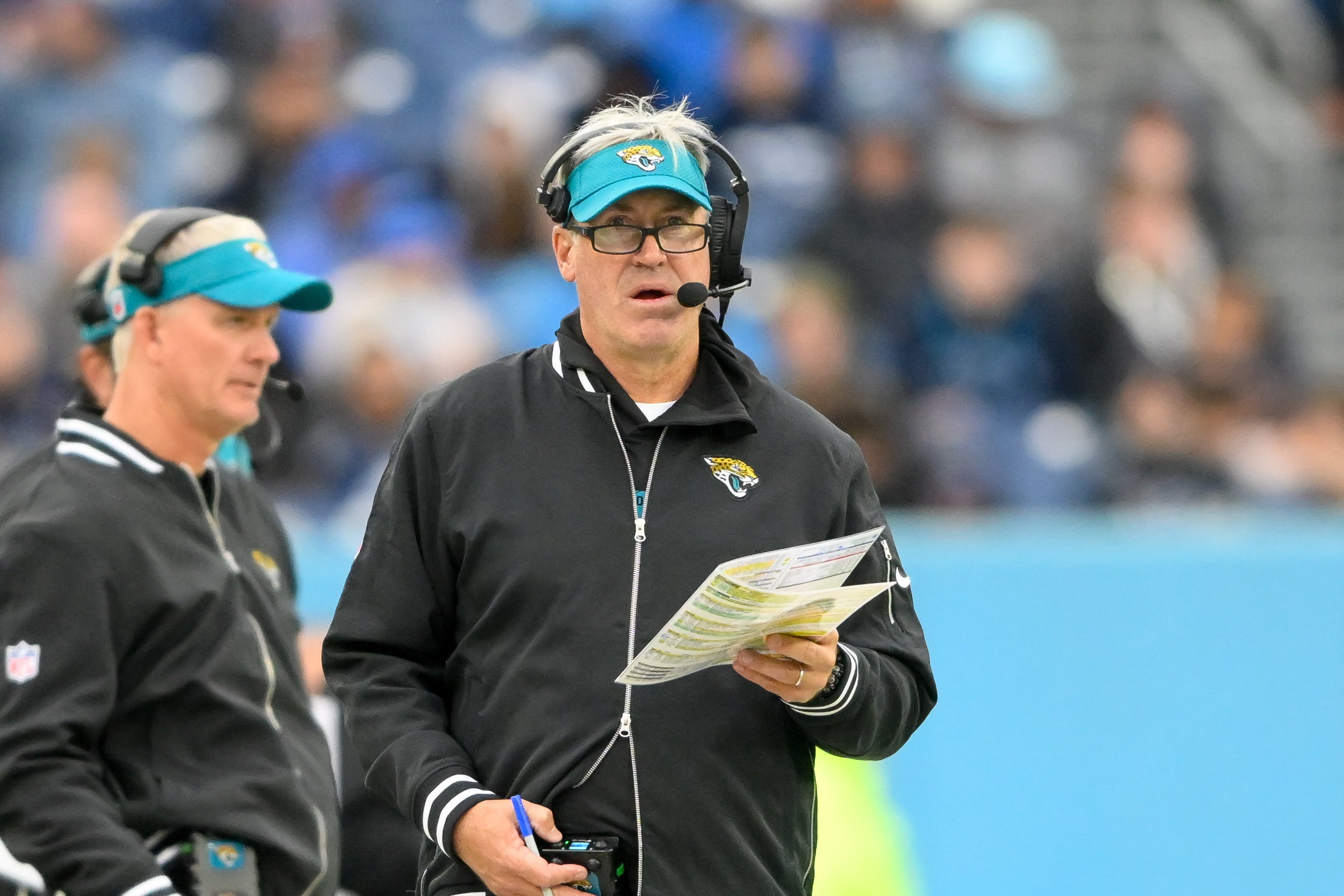 Dec 8, 2024; Nashville, Tennessee, USA; Jacksonville Jaguars head coach Doug Pederson watches fro the sideline against the Tennessee Titans during the second half at Nissan Stadium.